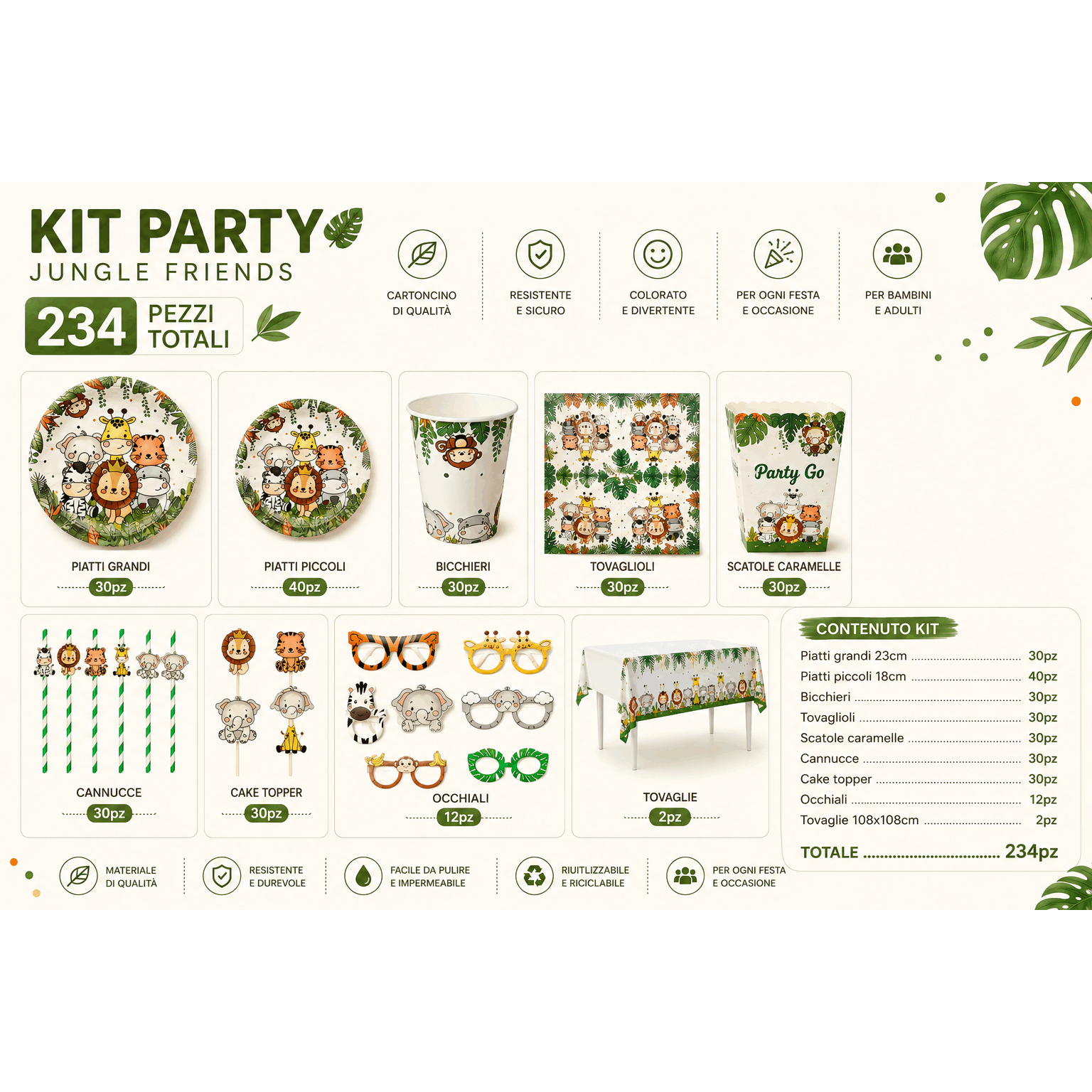 TEMU Party Go Animal Theme Birthday Party Kit For Kids, 90/130/234 Pieces, Jungle Set With 23cm Plates, 18cm Plates, Cups, Napkins, Snack Boxes, Cake