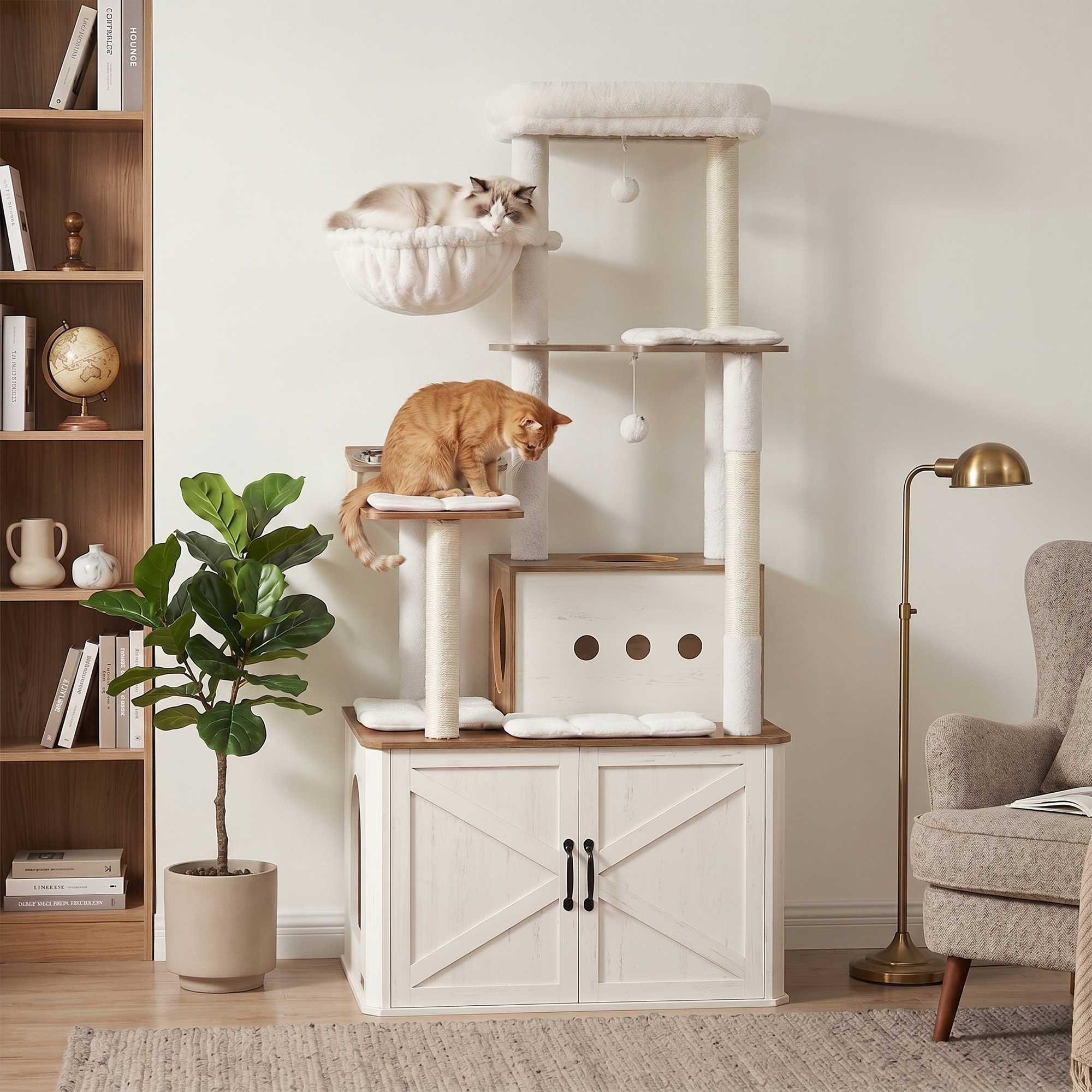 Image of Scratching Post With Cat Litter Cabinet, 170 Cm High, Multi-level Cat Tree, Large Cave, Lying Mold, Scratching Posts, Plush Balls
