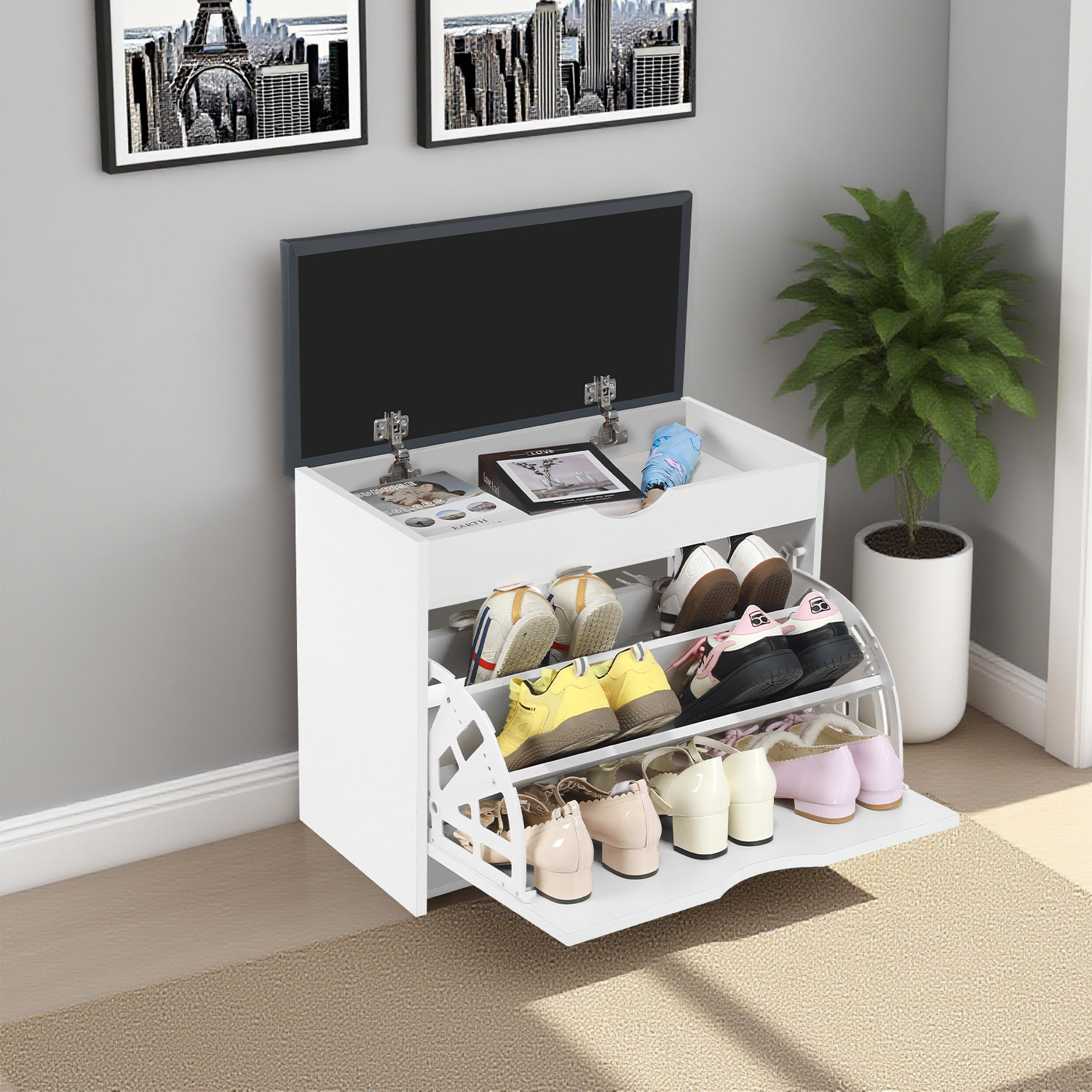 Shoe Cabinet, Shoe Bench With Seat, Shoe Rack With 1 Flap And 3 Compartments For 12 Pairs Of Shoes, Bench With Storage Space For Hallway, Bedroom, Living Room, 100 X 30 X 46 Cm, White