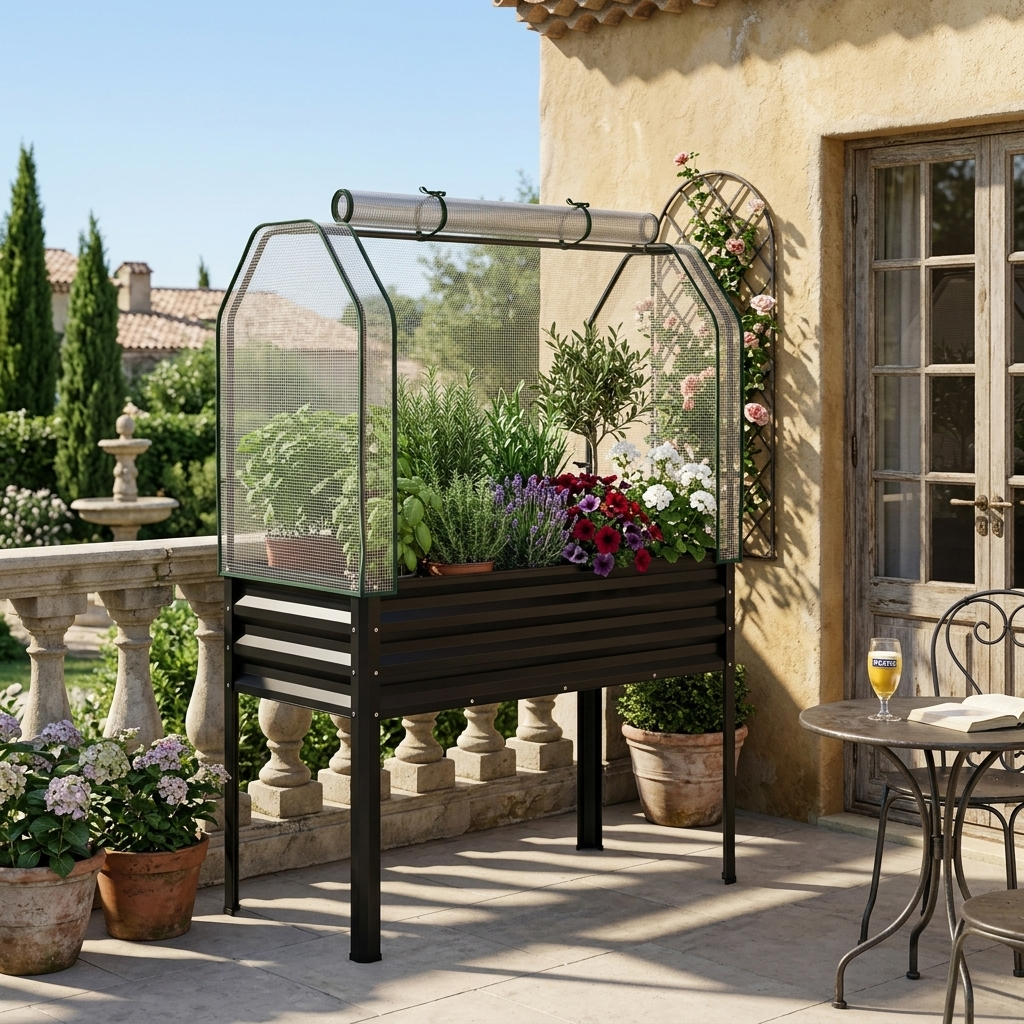Raised Garden Bed Made Of Galvanized Metal With Pe Cover, Elevated Garden Bed With Roll-up Door And Fastening Strap, Planting Bed For Vegetables And Flowers, Bed For Garden