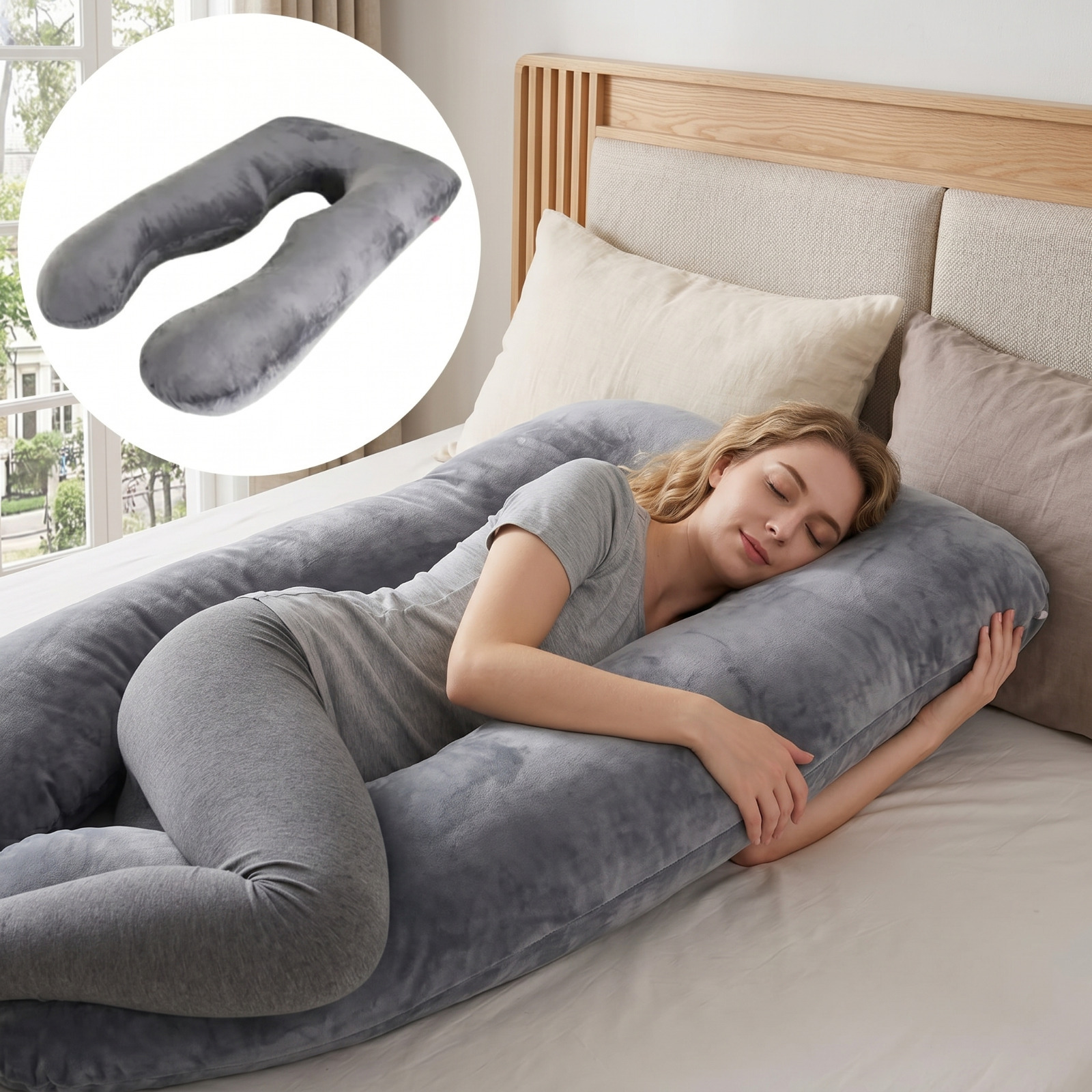 Image of 12ft Velvet U-shaped Side Sleeper Pillow – Large Nursing Pillow & Pregnancy Support Pillow, Body Pillow For Women, U-pillow For Back, Stomach & Side Sleepers – Soft, Breathable & Ergonomic