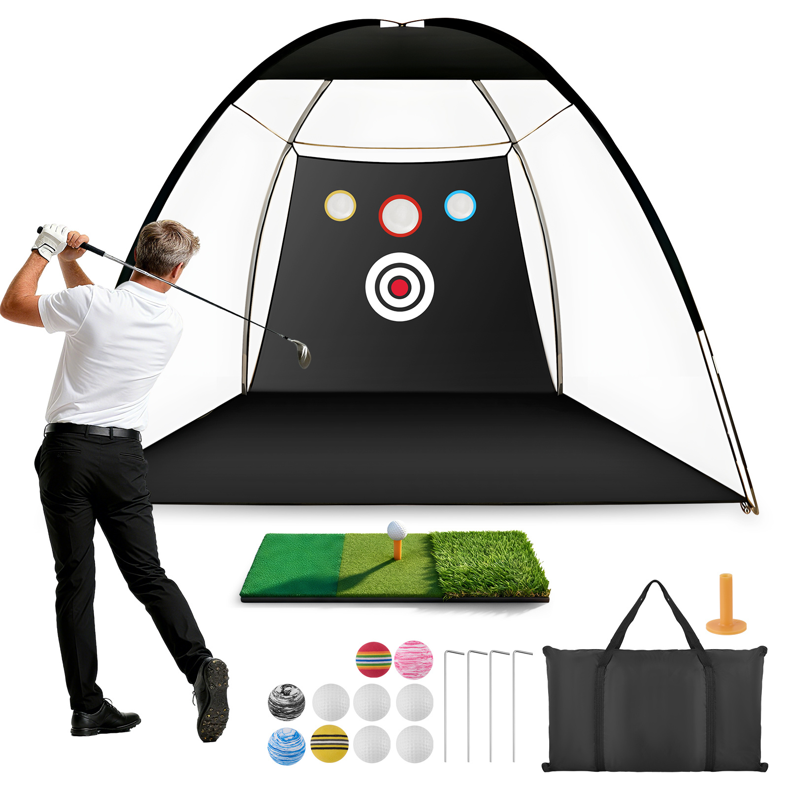 golf practice net 10x7ft golf hitting net for garden with 10 balls tri turf mat carry   to install   simulator accessories for indoor outdoor backyard driving chipping