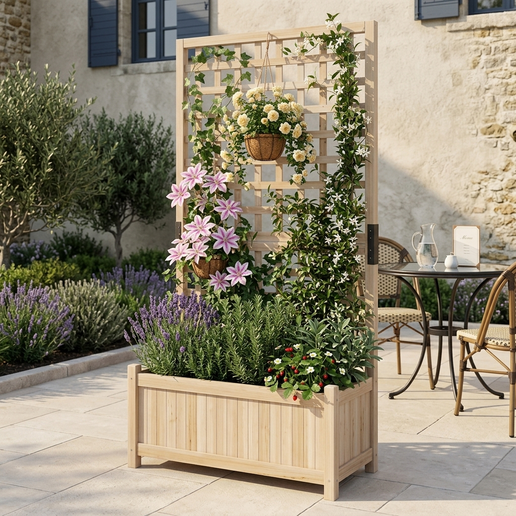 Image of Planter Box With Trellis, Raised Bed Made Of Solid Wood For Flowers Climbing Plants, Flower Bed With Drainage Holes And Trellis For Terrace