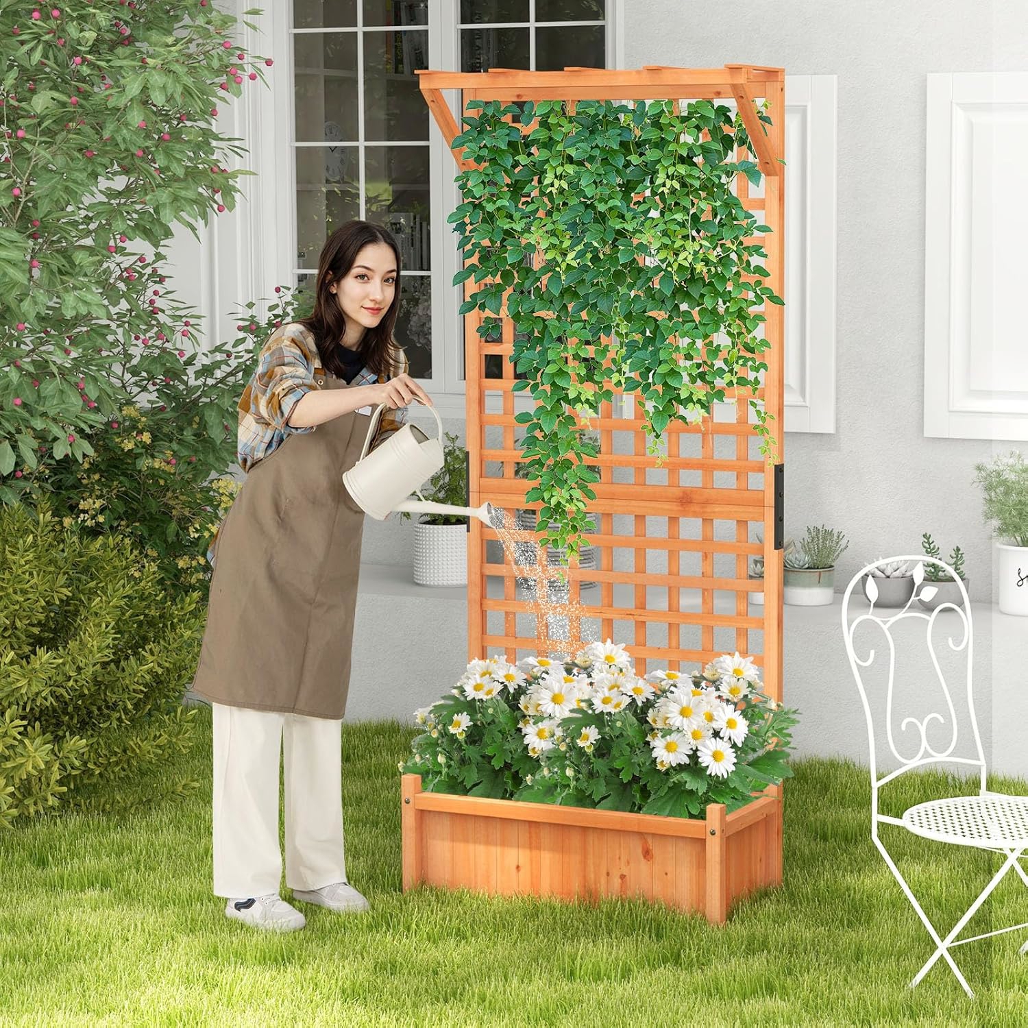 Image of Flower Box With Trellis, Wooden Planter With Privacy Screen, Raised Bed With Trellis For Climbing Plants, Garden Bed With Drainage Holes, 75 X 33 X 183 Cm