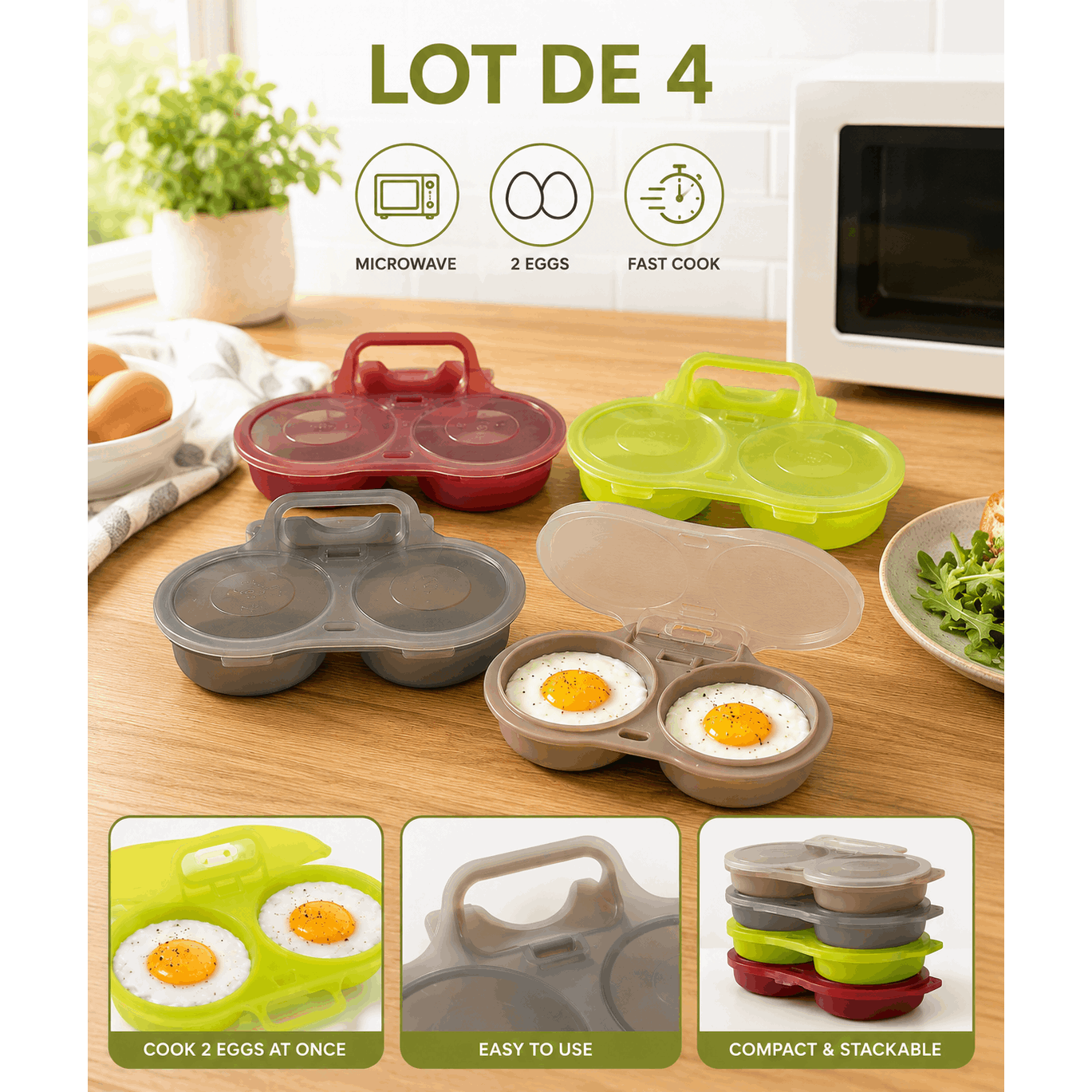 Image of Set Of 4 Double Egg Cookers For Microwave – Quick Preparation Of 2 Eggs, Fat-free, Compact Size 16 X 11.5 X 3 Cm