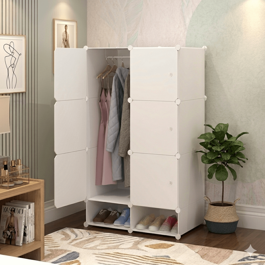 TEMU Armario Modular de Plástico 75x45x128 cm con Barra para Colgar Ropa | Organizador Multifuncional para Dormitorio, Vestidor y Oficina