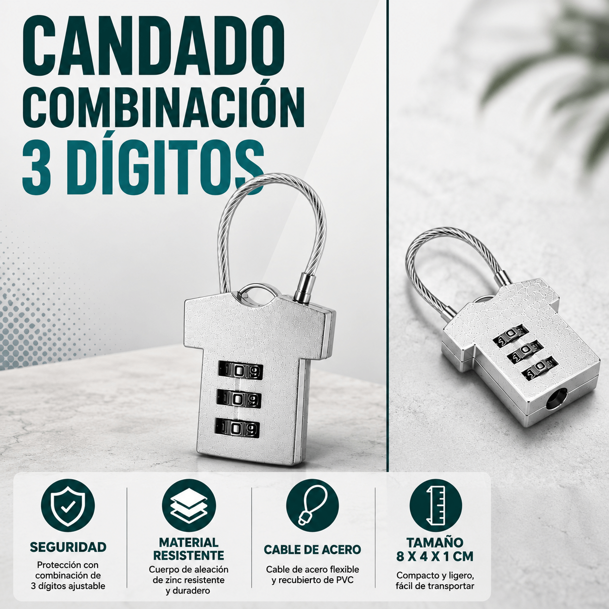 TEMU Candado de Combinación 3 Dígitos con Cable de Acero Flexible, y Resistente para Equipaje, Mochilas y Taquillas