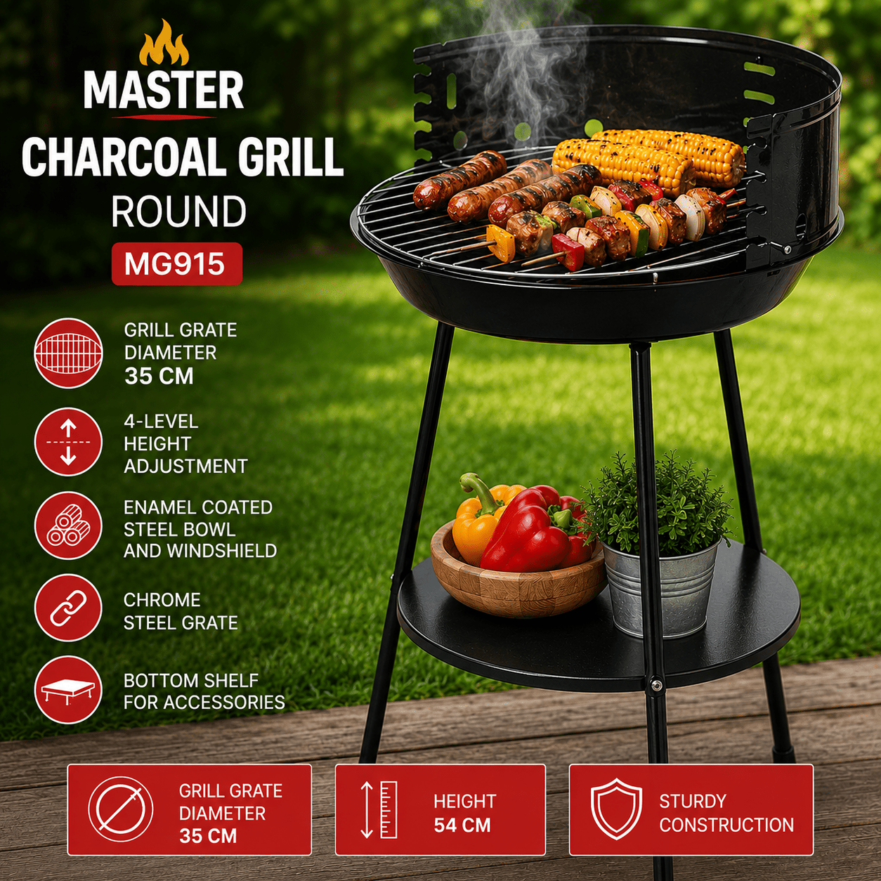 Round Charcoal Grill 35 Cm With Adjustable Grill Mg915