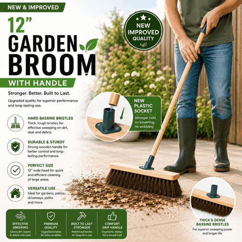 12 outdoor yard broom stiff bristle sweeping brush with strong wooden handle and support bracket for cleaning patio driveway garden and yard areas