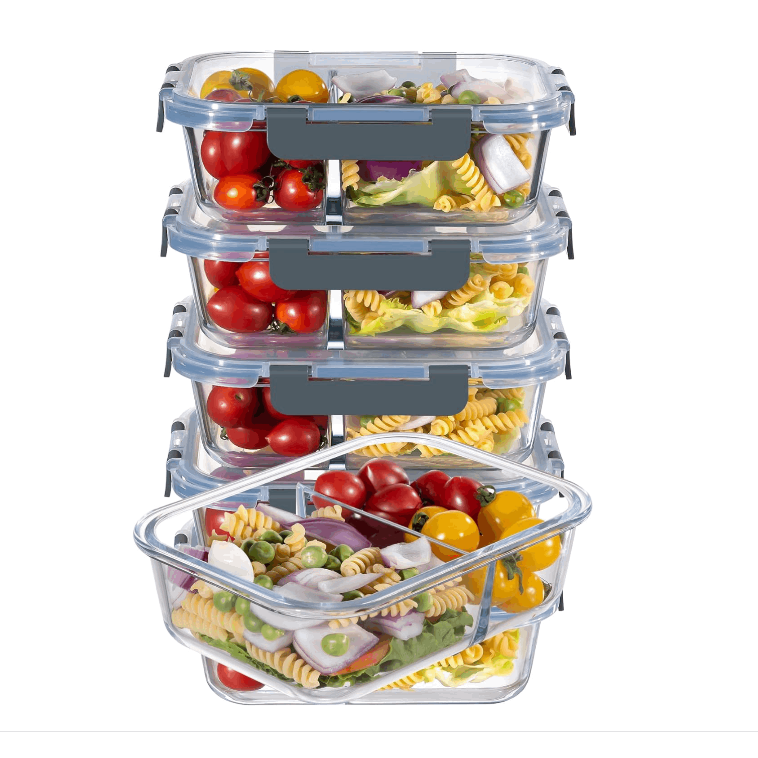 Glass Containers With Lids, 5-piece Set, With 2 Compartments, Meal Prep Jars, Glass Food Storage Containers With Lids, Glass Canisters With Lids Set, Meal Prep Boxes