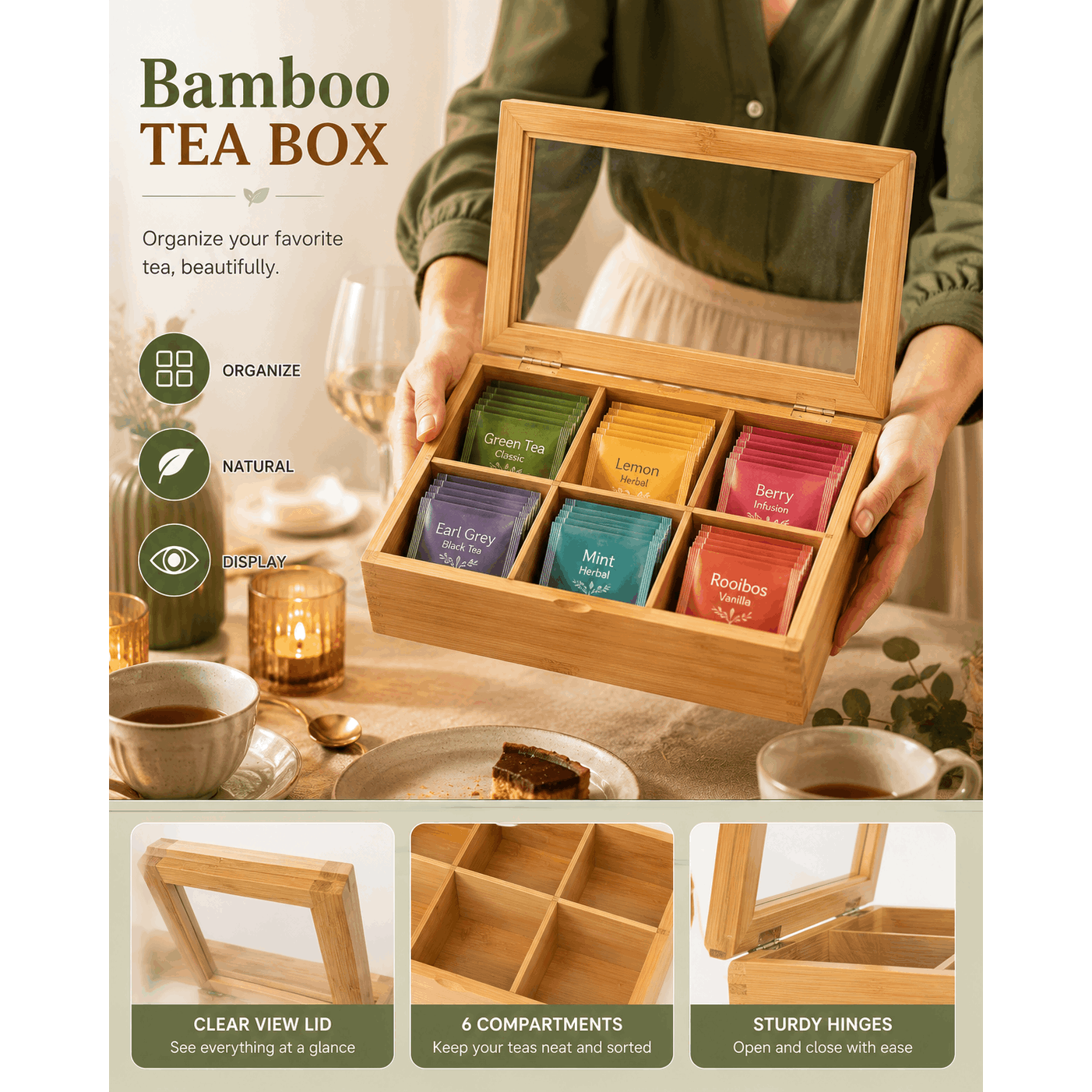 Temu Wood Boîte À Thé En Bambou Avec Fenêtre Transparente – Coffret De Rangement 6 Compartiments Pour Sachets De Thé, Et Tisanes
