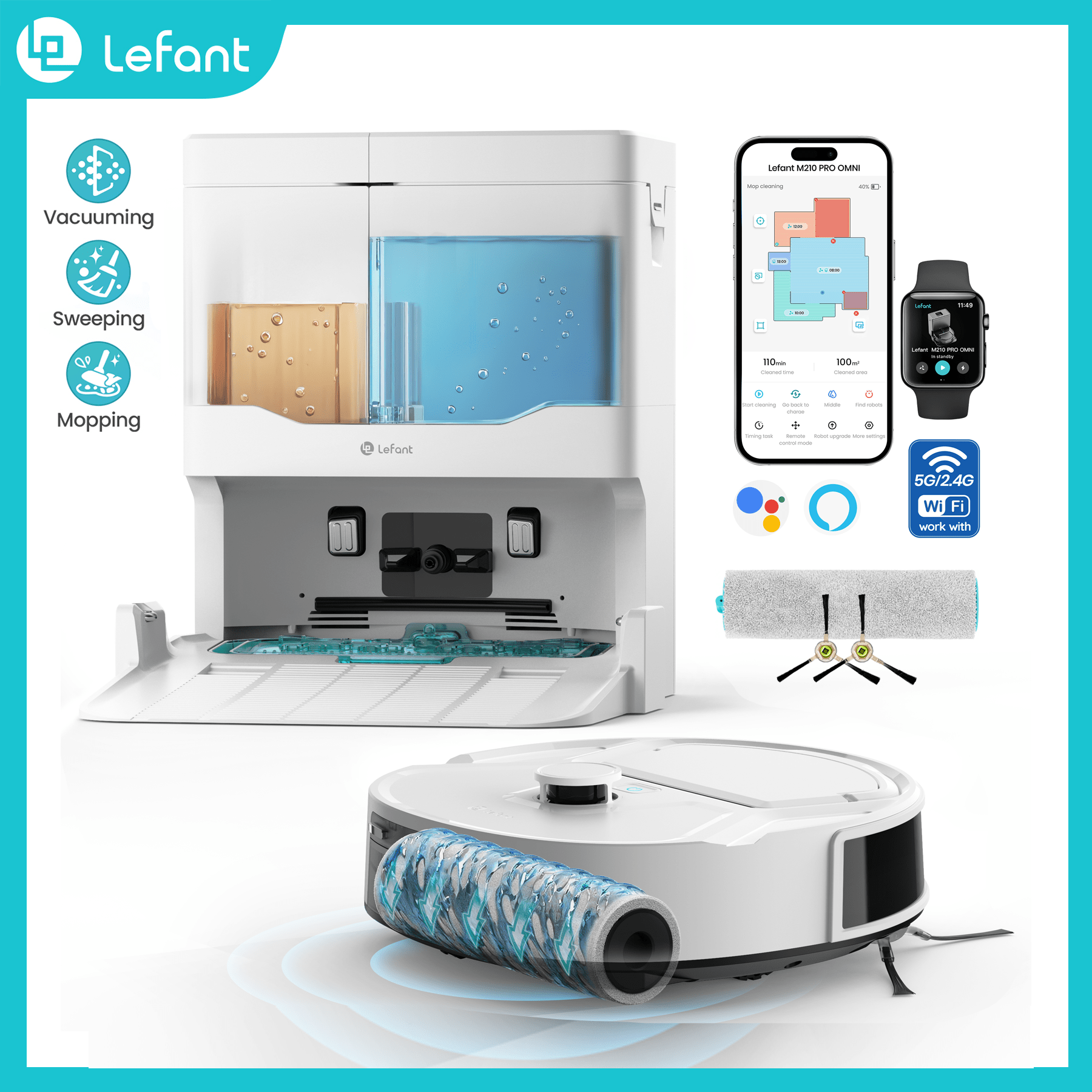 Image of Lefant M265 Robot Vacuum And Mop Combo, 23000 Pa Suction, Instant Self-cleaning Roller, Precise Laser Mapping & Navigation, , Extra-wide Cleaning Path, 2.4g/5g Wi-fi, App & Control, White