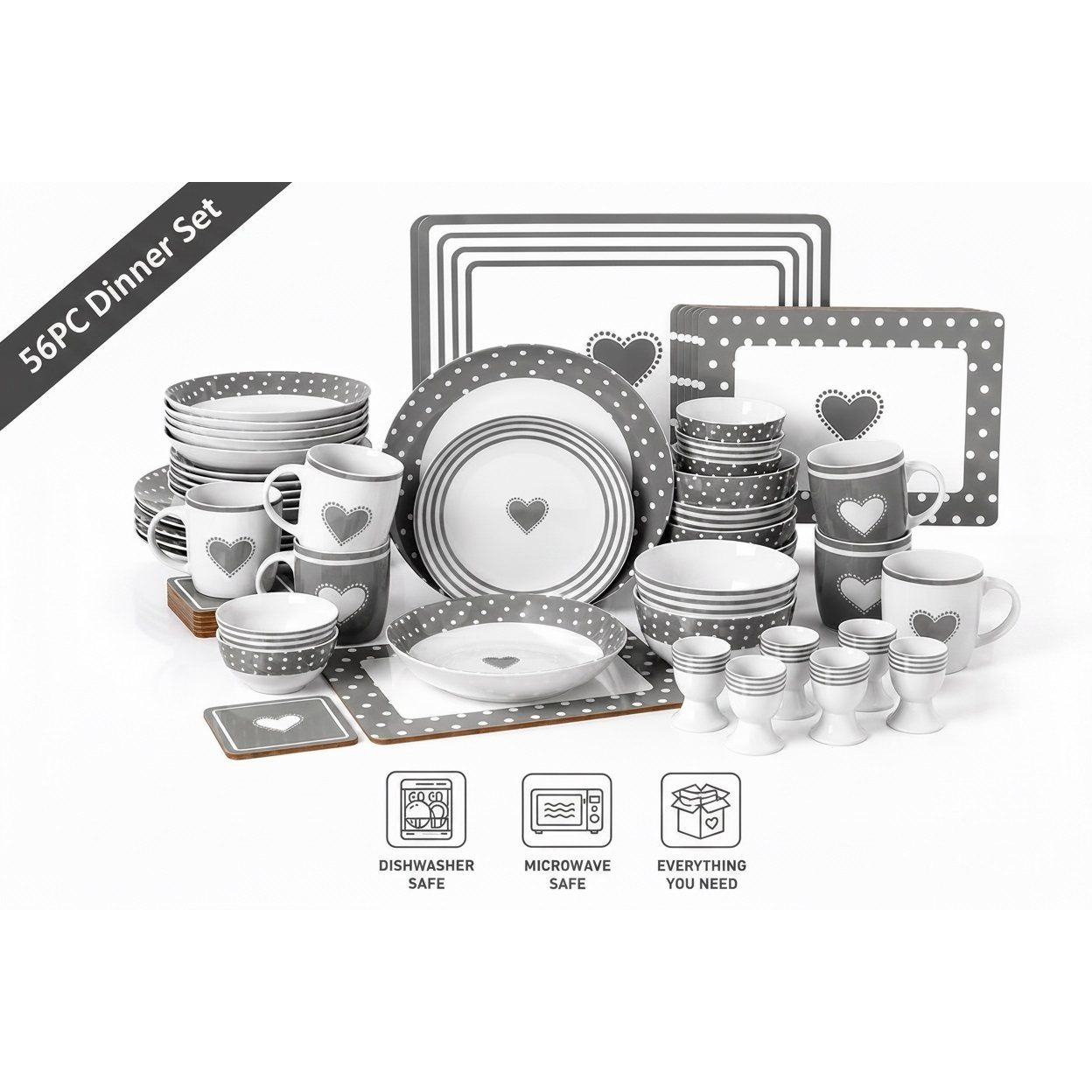 TEMU Waterside Grey Heart 56piece Dinner Set