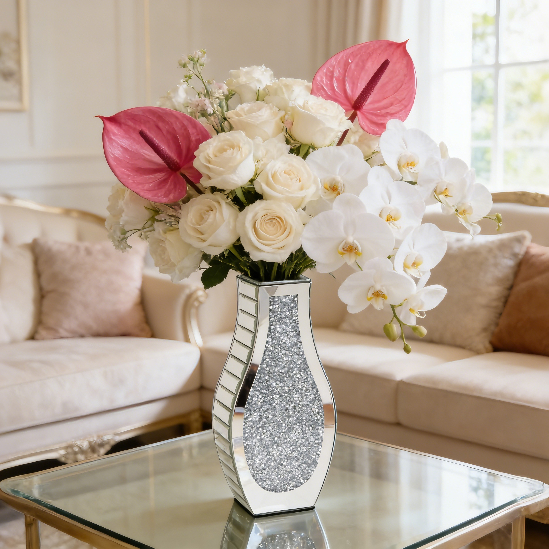 Image of Sparkling Table Vase - Silvery Crushed Diamond Mirror Vase, Silver Sparkle Finish Centerpiece For Home Decor, Not For Water, For Dried Flowers & Artificial Flowers, 10x9x38.5cm