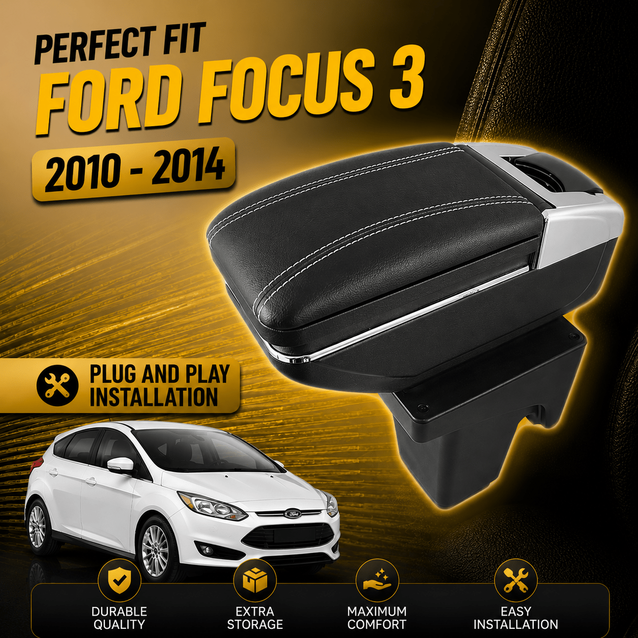 Car Armrest Center Console Organizer Box Compatible With Ford Focus 2014-2018, Ford Focus 3 2012-2020, Black Leather Storage Compartment With 3d Rotatable Sliding Cover