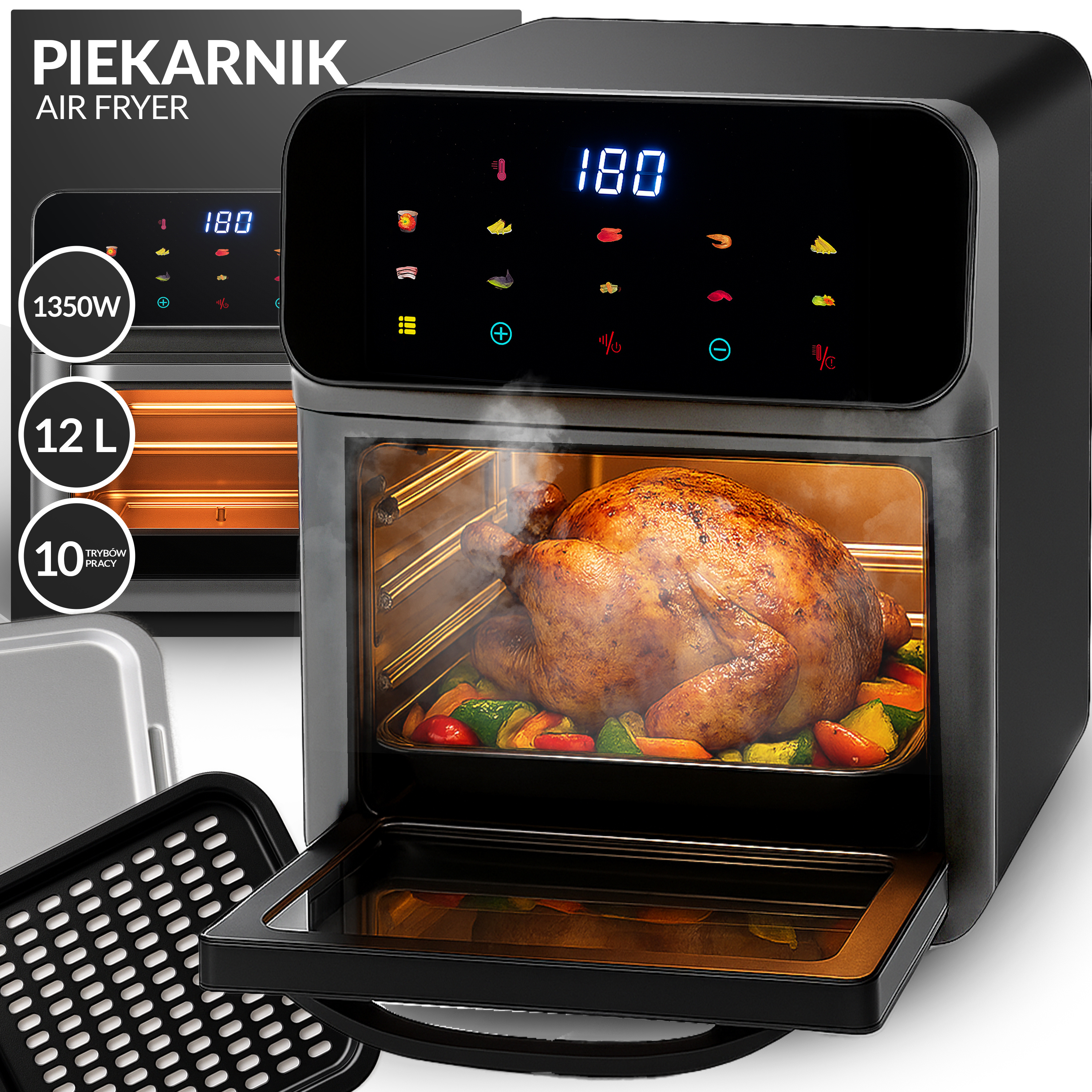 Air Fryer 12 L With Touch Led Display, 1350 W, 10 Programs, Temperature And , Interior Lighting, 2 Trays, Black-silver