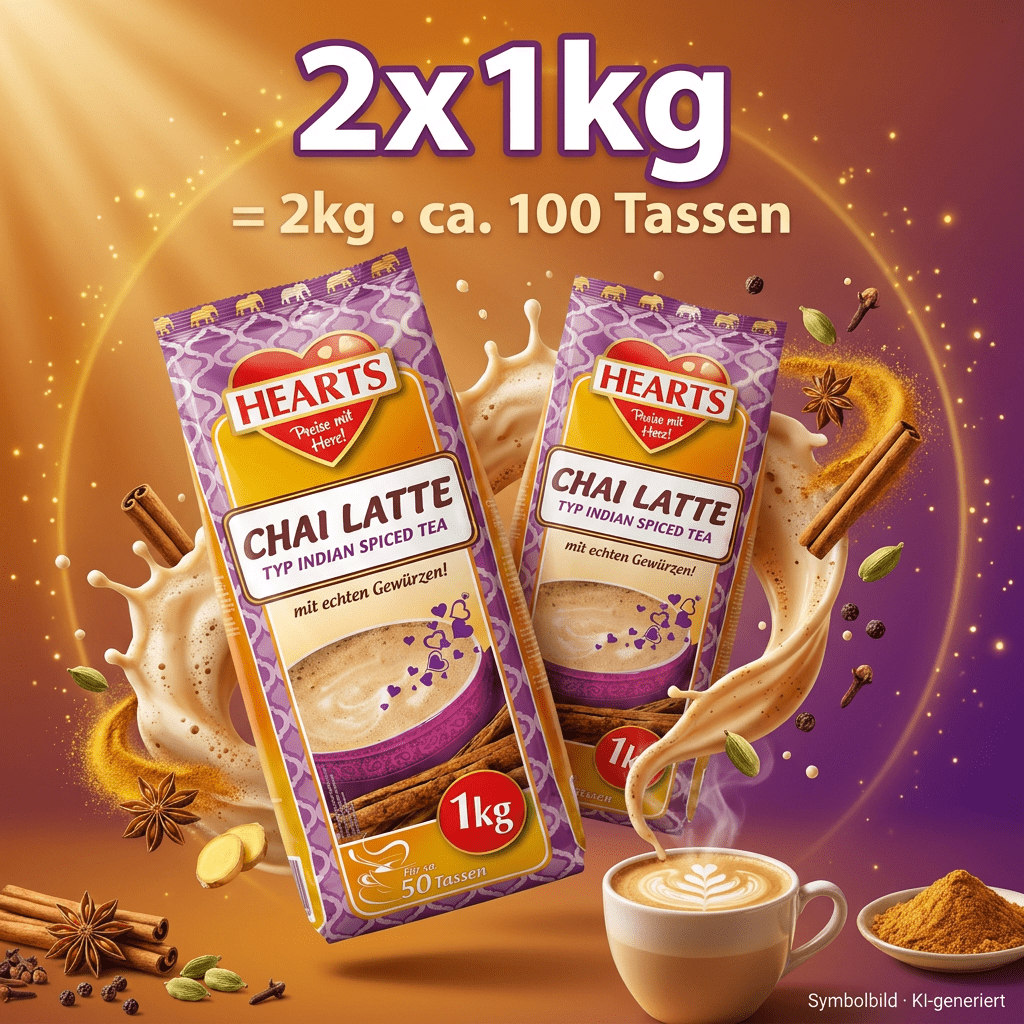 Hearts - Chai Latte Indian Spiced Tea - Instant Tea Drink With Real Spices - 2x1kg, 2kg, Approximately 100 Cups