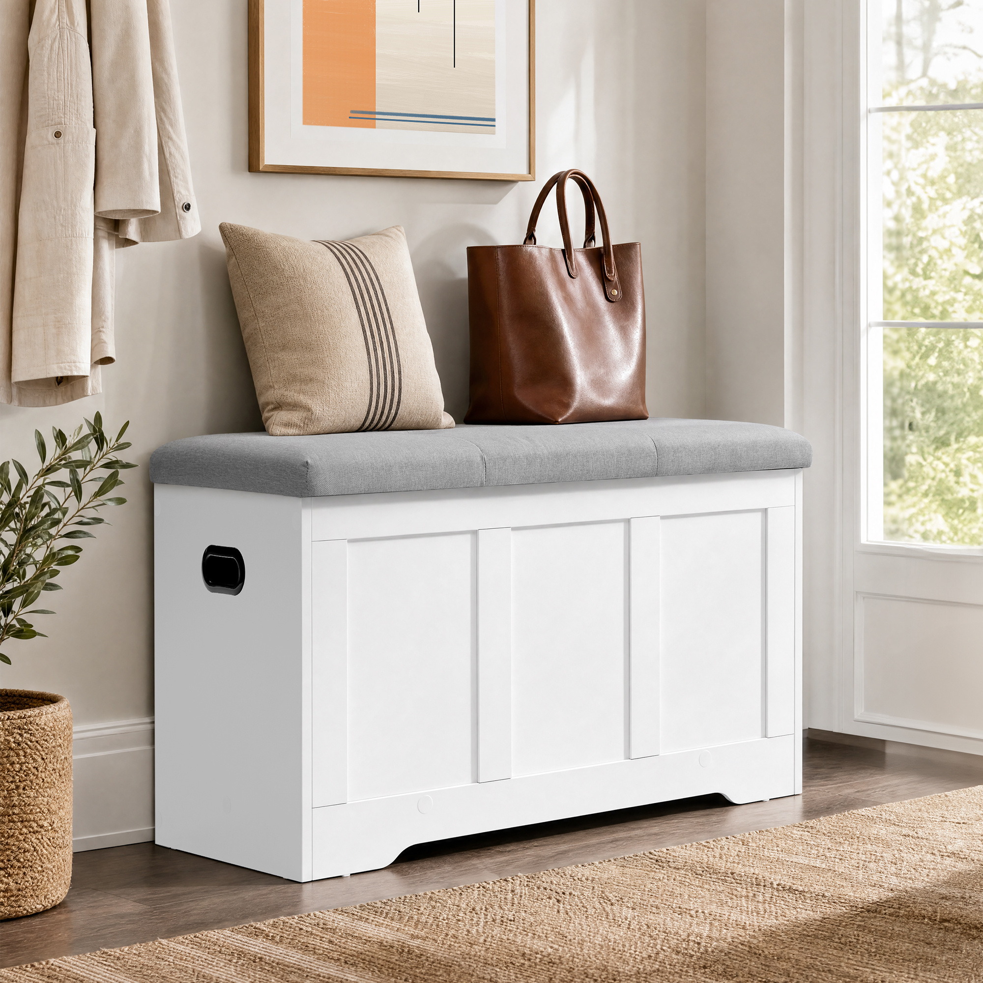 Image of Chest With Storage, Chest Bench With Lid, For Bedroom, Hallway, Living Room, 41 X 81 X 49 Cm, White-gray