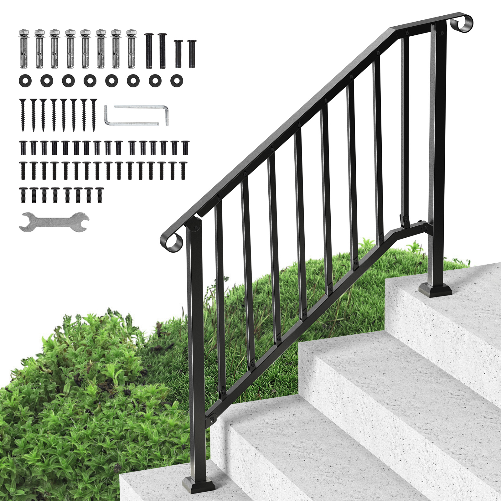 Image of Vevor Handrails For Outdoor Steps, 3-4 Step Stair Hand Rail Kit, Iron Railings With Installation Kit, Stair Rails For Seniors, Concrete Steps & Porch & Deck, Black Retro Arch