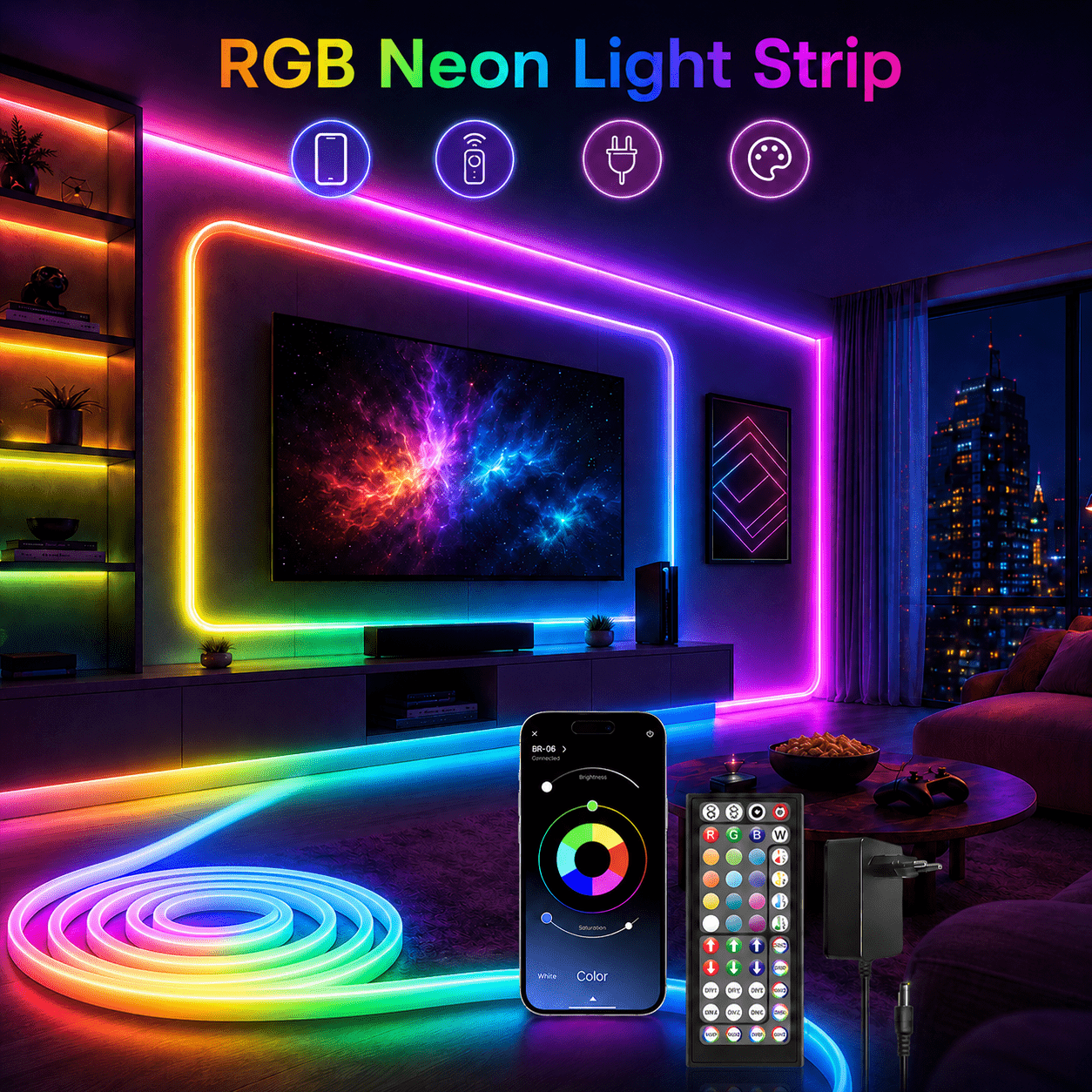 Image of 30m/15m/5m Smart Rgb Neon Led Strip Lights With Remote & Plug, 16 Colors And App Control, Ip67 Diy And Cuttable Timer Light For Rooms, Ceiling Decoration
