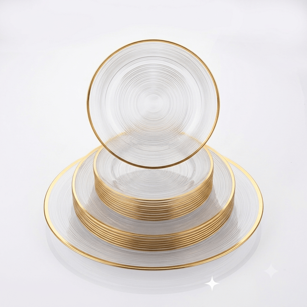 TEMU Clear Plastic Plates & Bowls With Gold / Silver Rim | Swirl Pattern | 10" 9" 7" Plates & 16oz Bowl | Reusable Washable | Weddings Birthdays