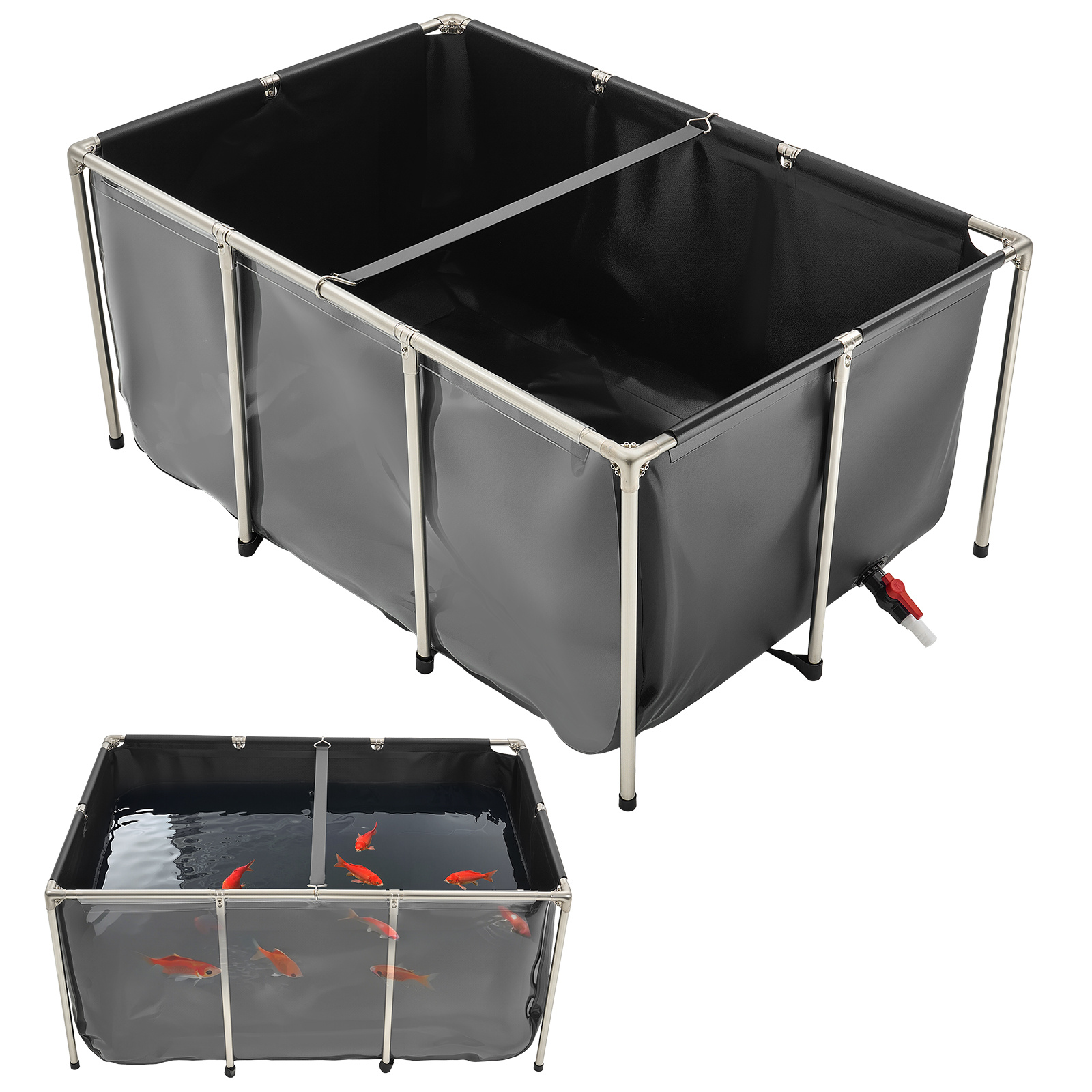 Image of Vevor Canvas Fish Pond, 270 Gal Above Ground Fish Pond, Pvc Koi Tank With Clear Viewing Panel, Rectangular Goldfish Tank With Stainless & Drain Valve, For Breeding Koi, Irrigation (black)