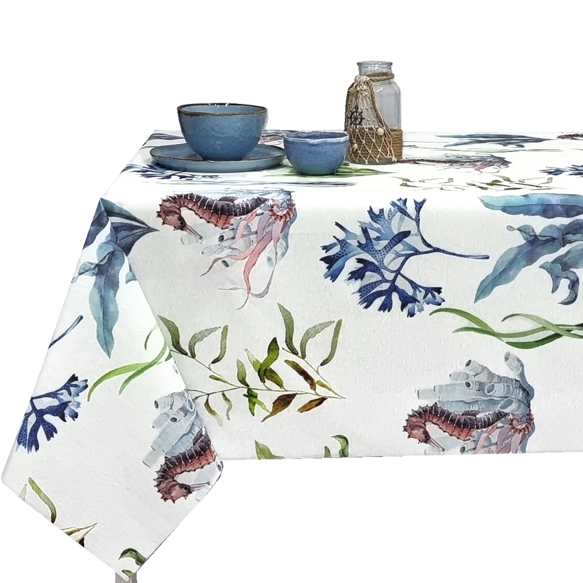TEMU Mantel de tela resinada antimanchas rectangular, diseño con de mar y hojas acuáticas, fácil de limpiar, ideal para cocina y comedor
