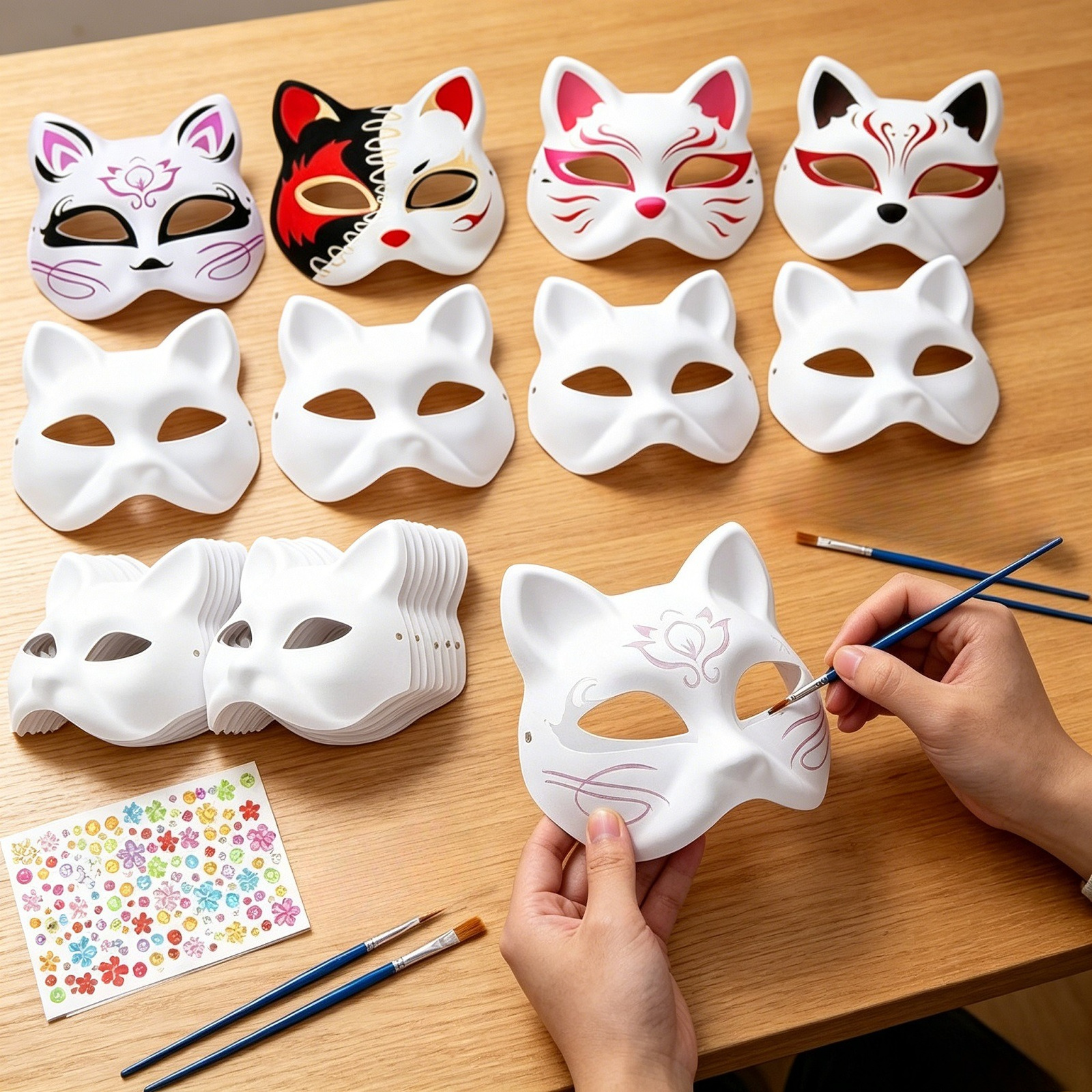 21-piece Diy Craft Kit: 20 Paper Cat Masks & 1 Flower Diamond Sticker Party Accessory Set