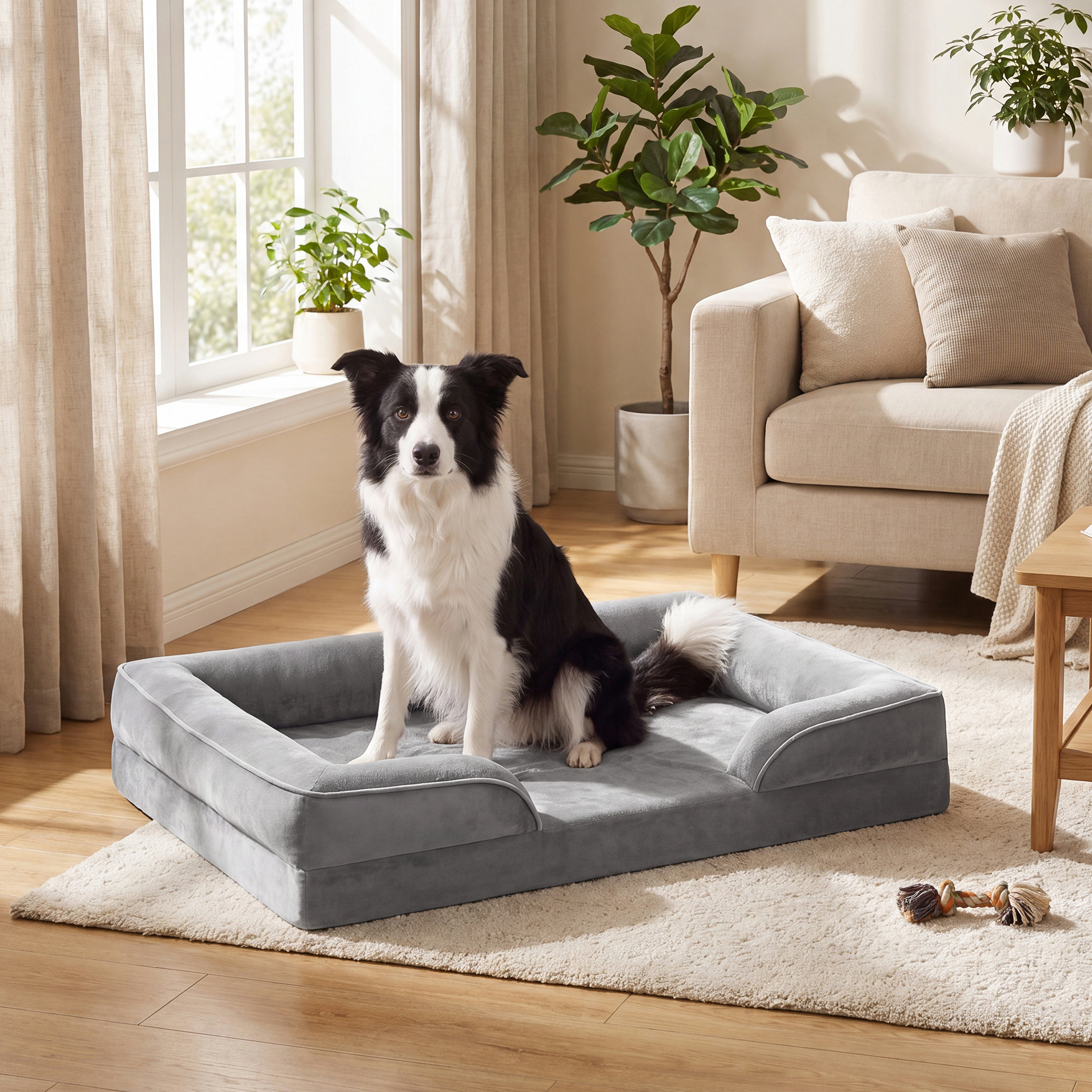 Image of Orthopedic Dog Bed, Removable Cover, Elevated Edges, Non-slip, Washable, Pet Bed, Light Grey
