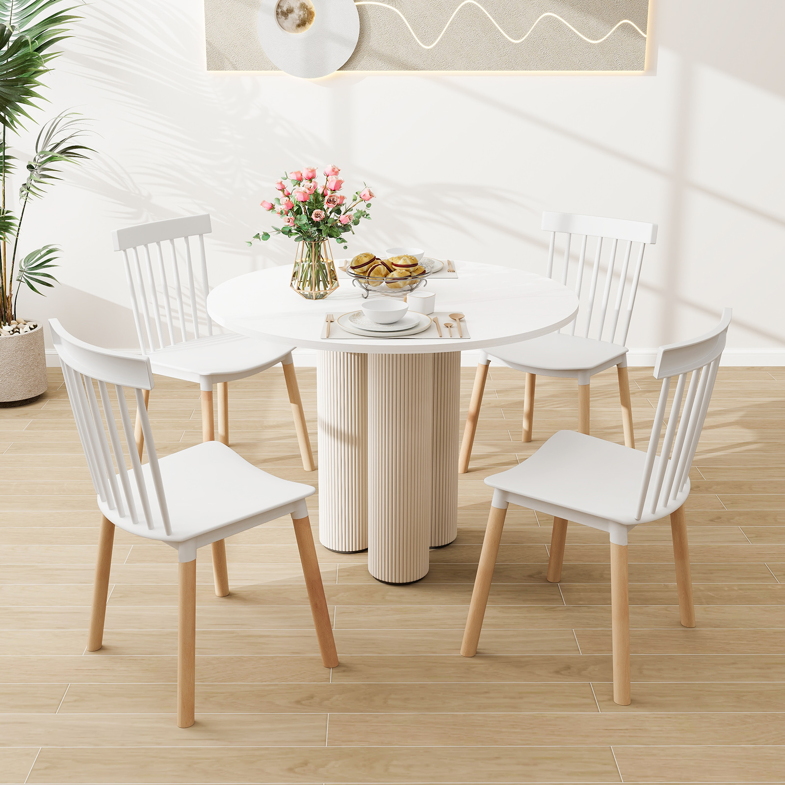 Image of Set Of 4 Dining Chairs, Dining Chairs With Spindle Backs & Curved Seats, Heavy-duty Solid Wood Legs & Anti-slip Foot Pads, Armless Side Chairs For Kitchen, Dining Room, Living Room