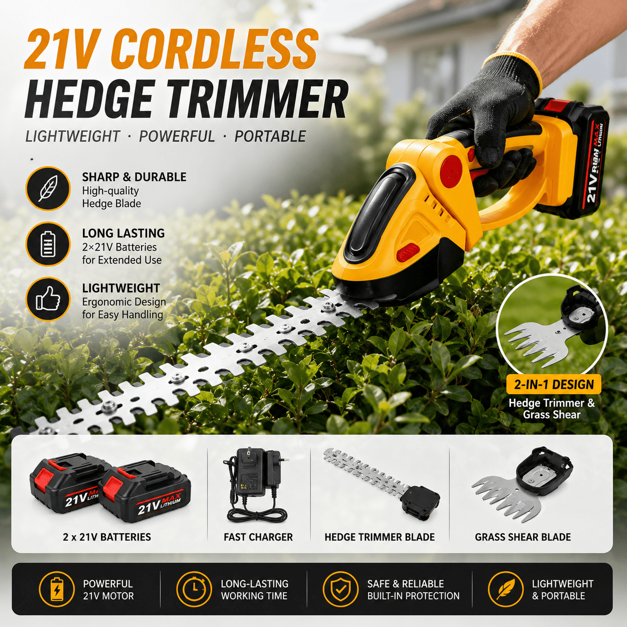item picture 21v cordless hedge trimmer 2 in 1 combines lawn mowing shrub trimming and tree trimming functions in   and   with two batteries ideal for outdoor lawn care