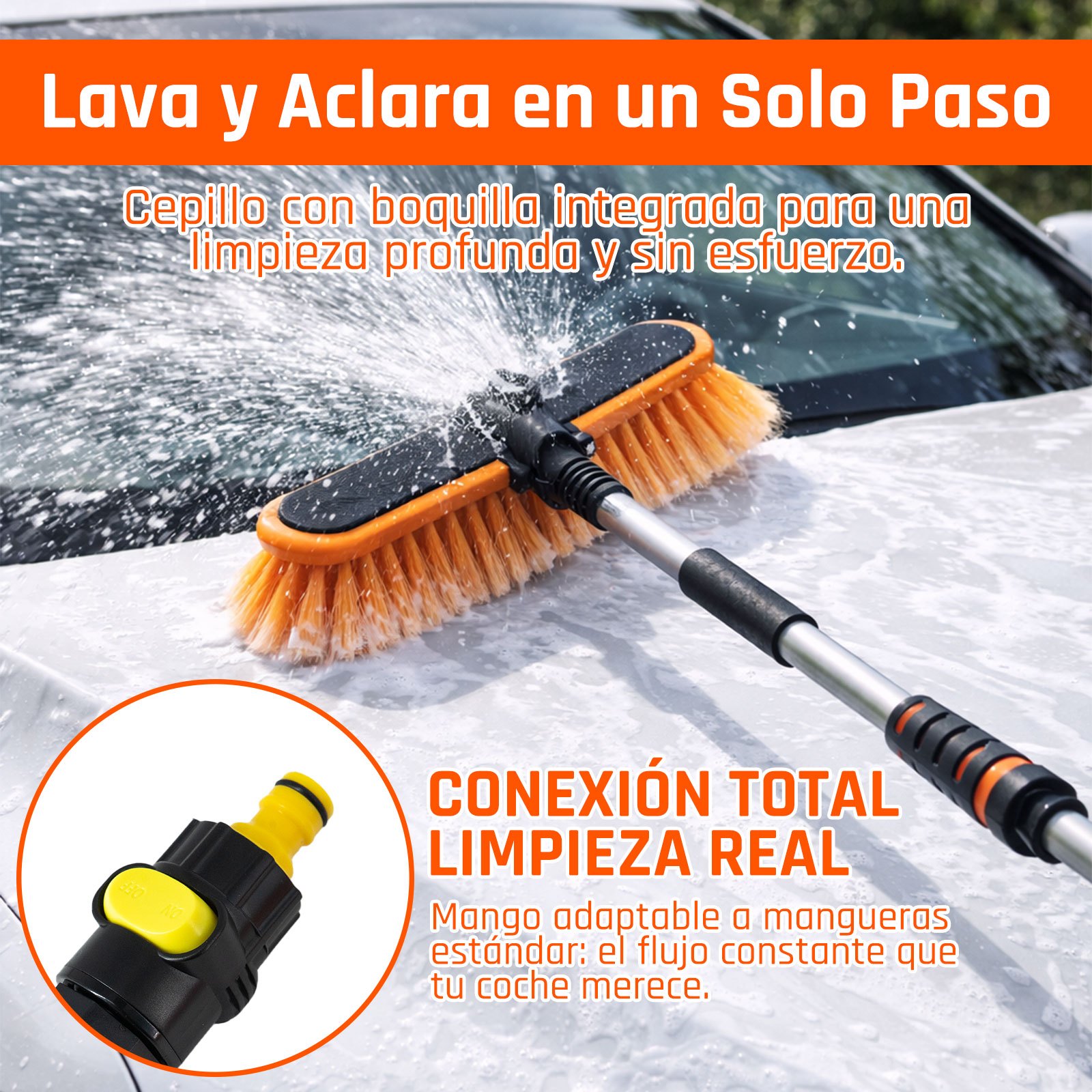 TEMU Cepillo de para Coche con Conexión a Manguera, Mango Largo 90cm, Boquilla Integrada con , Limpieza de Autos, Ventanas y Exteriores