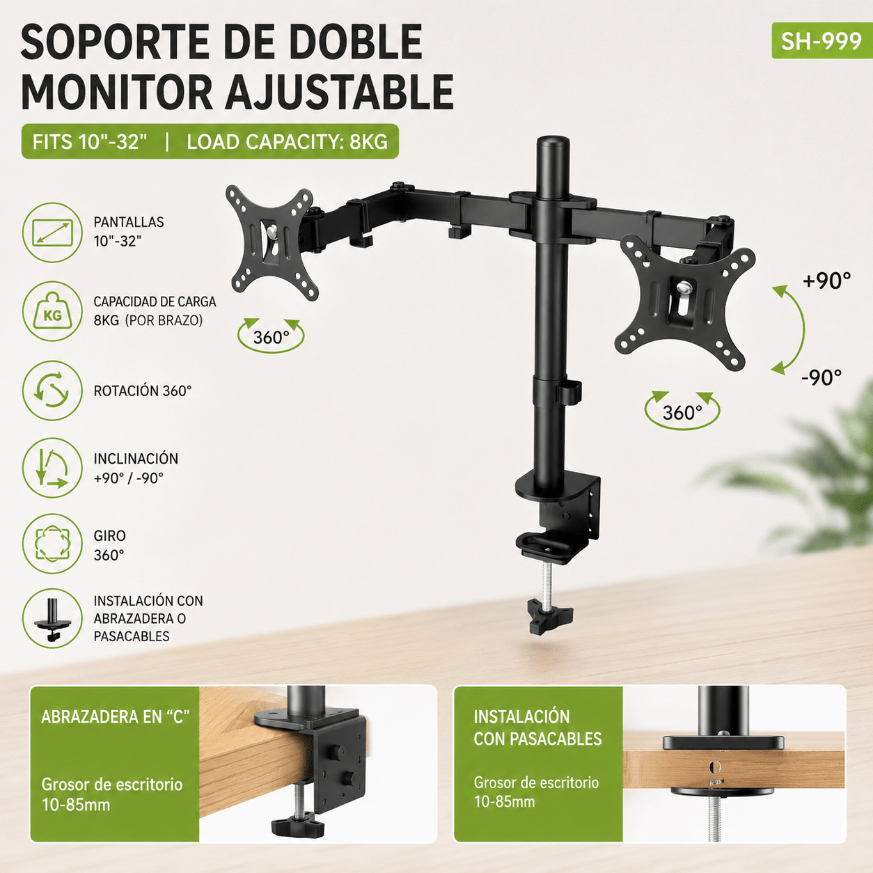 TEMU Soporte de Monitor para Escritorio 10"-32", Brazo Ajustable con Rotación 360°, Soporta 8KG por Pantalla, Compatible con VESA