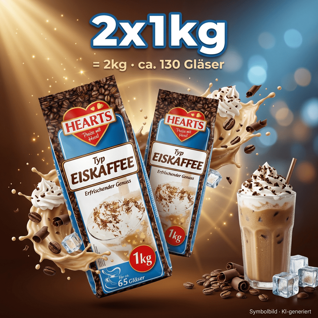 Hearts - Iced Coffee - Soluble Coffee Bean Drink Powder - 2x1kg, 2kg, Approx. 130 Glasses