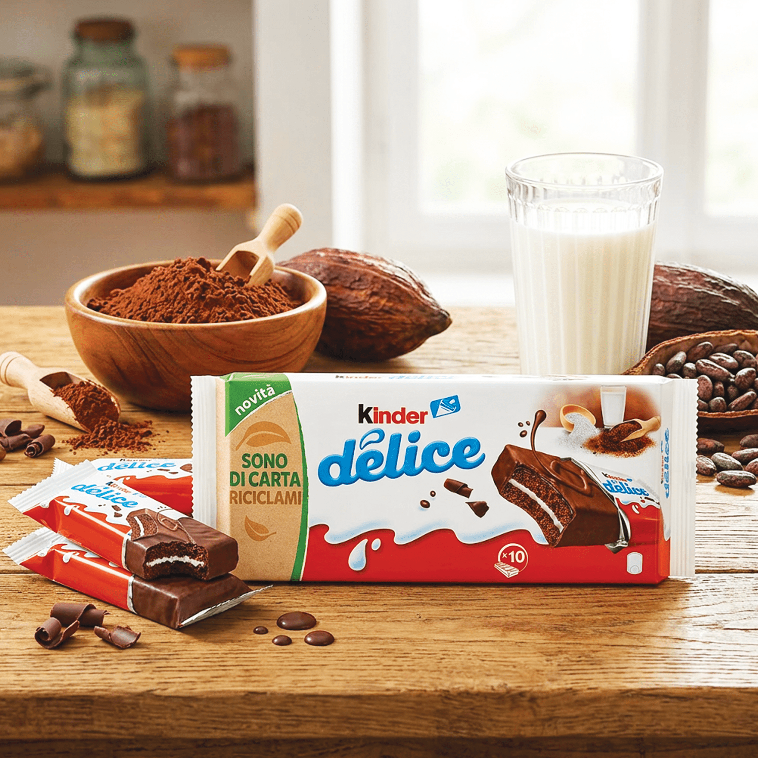 Image of 10pcs - Ferrero Kinder Delice - 10 Individually Wrapped Milk Slices With Their Delicious Cocoa Coating, The 2 Soft Biscuit Bases And The Creamy Milk Filling 390g