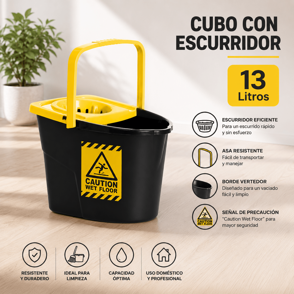TEMU con escurridor de 13 litros en plástico resistente. Ideal para limpieza y profesional. Asa ergonómica, escurrido eficiente y fácil transporte