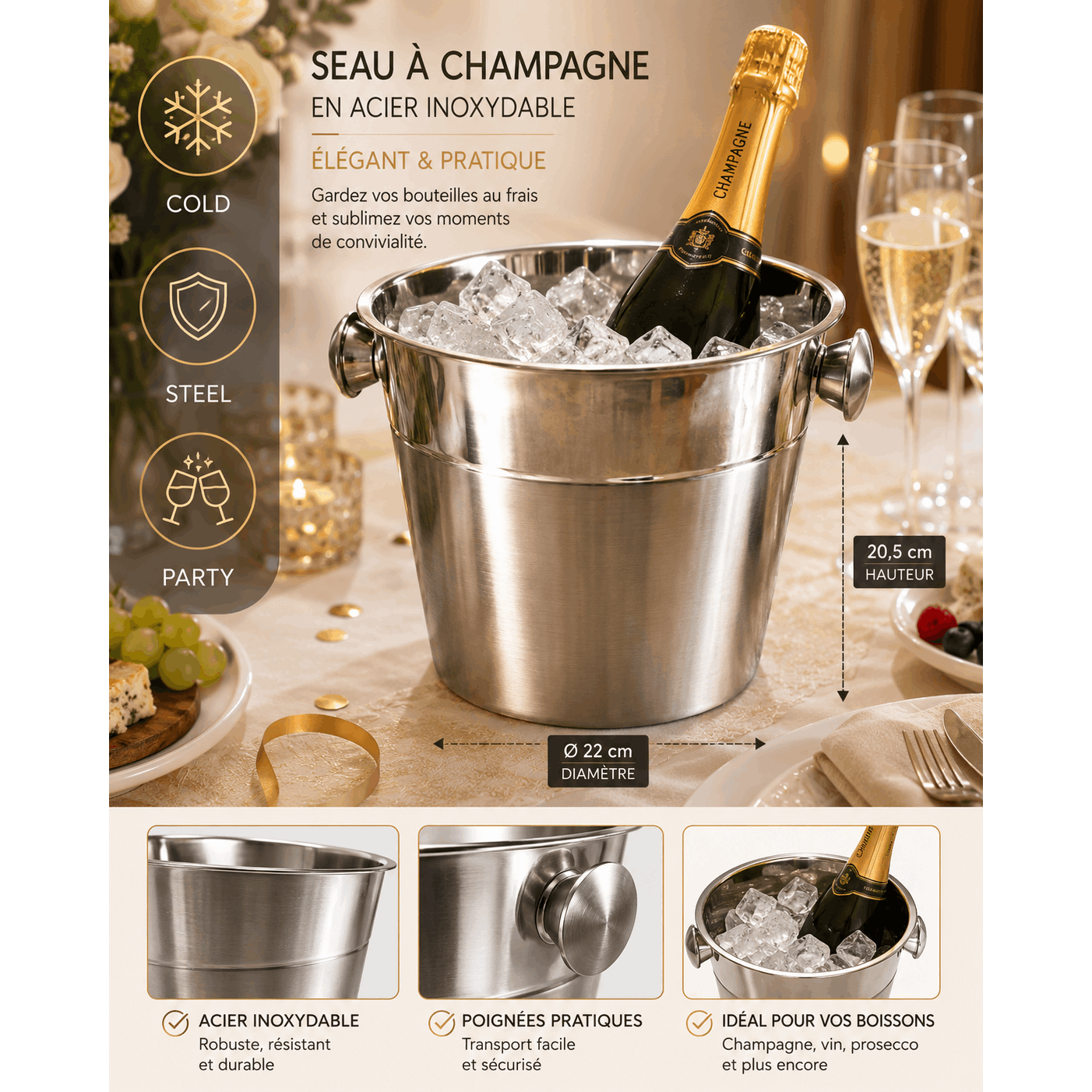 TEMU Secchiello per in acciaio inossidabile da 4,7 L �� Refrigeratore per vino, e bevande �� � 22 cm
