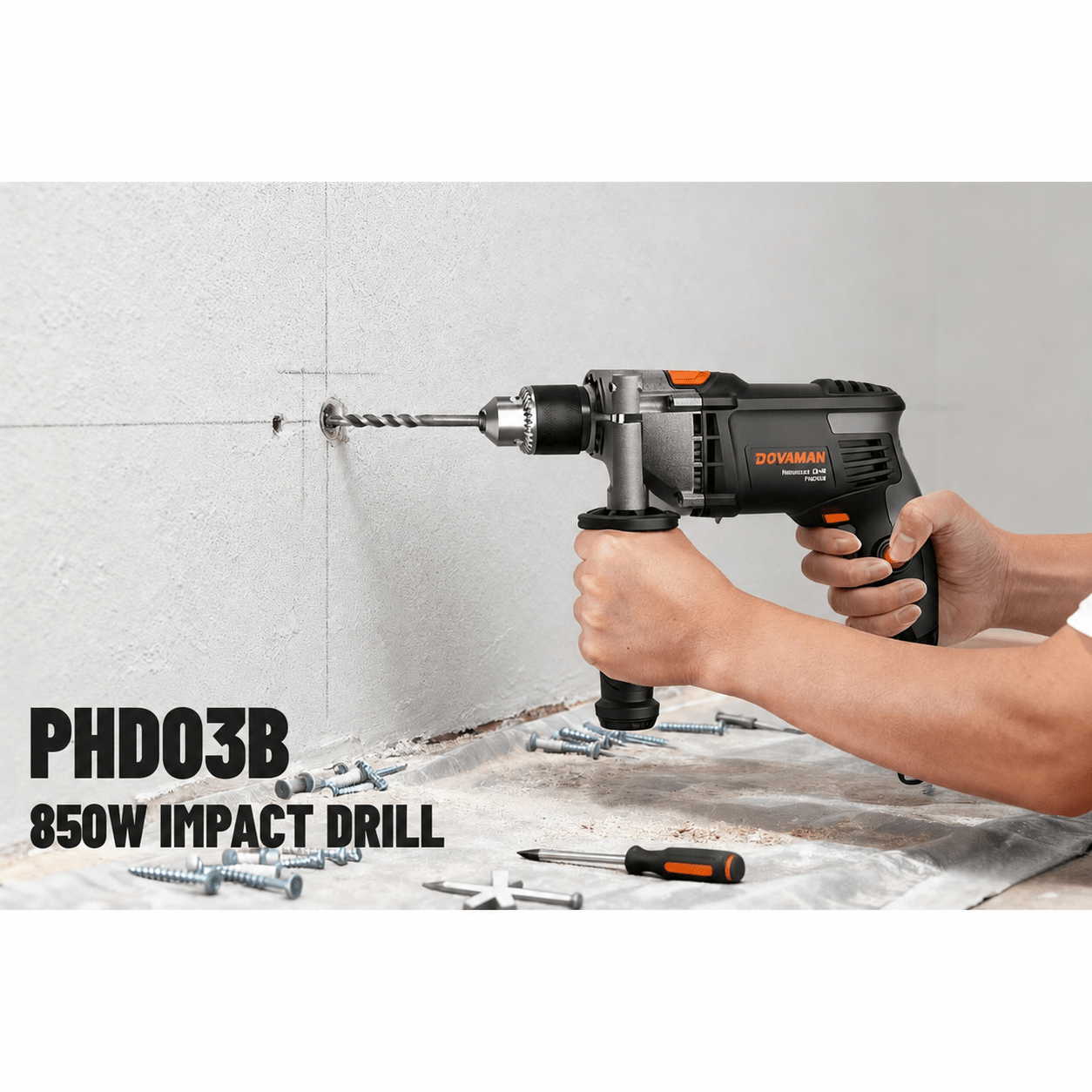 850w Impact Drill, 13mm Metal , Variable Speed 0–3000rpm, 2-in-1 Drill & Impact Function, With 360° Handle, Depth Gauge, Accessory Kit & Carry Case