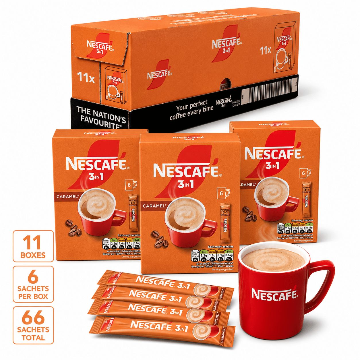 TEMU Nescafé 3-in-1 Caramel Instant Coffee Sachets, 66 Total Sachets | 11 Boxes X 6 Sachets | Smooth & Creamy Caramel Coffee Mix | Easy Single-serve