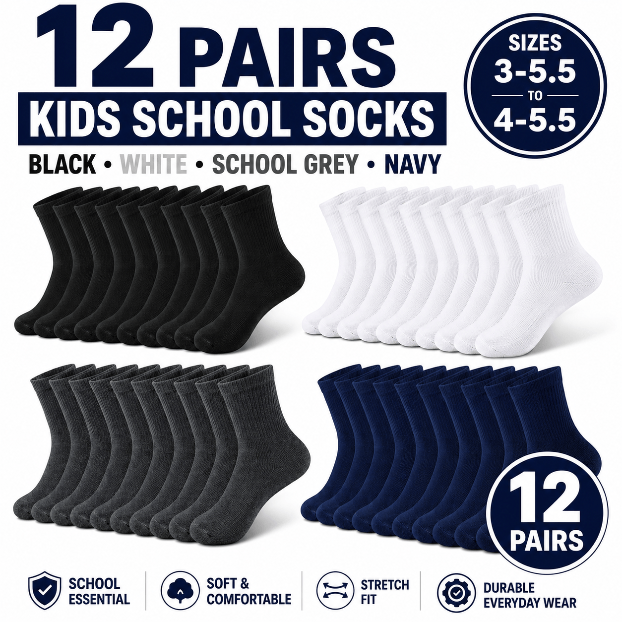 TEMU 12 Pairs Kids School Socks, Soft Everyday School Socks For , Navy, Comfortable , Sizes 3-5.5 To 4-5.5 Uk