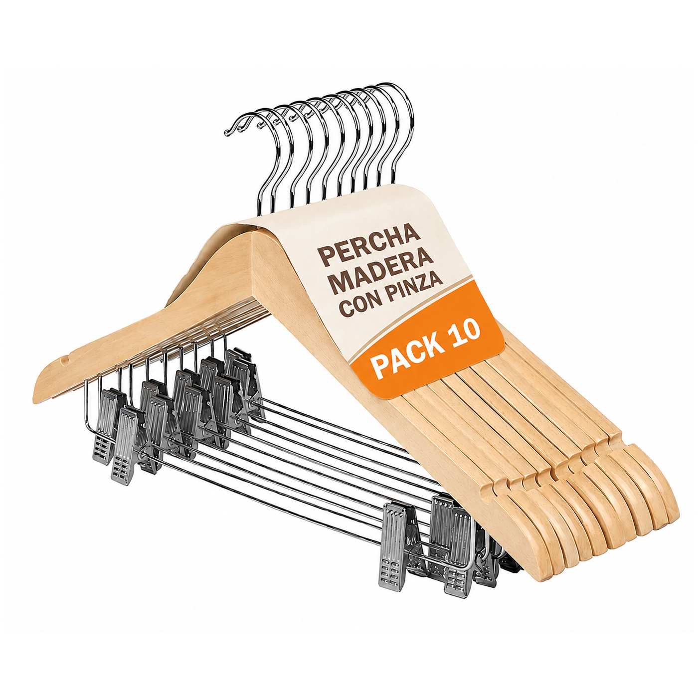TEMU Perchas de Madera con Pinzas Antideslizantes, Gancho Giratorio 360° de Acero Cromado, Muesca Ideales para los Tirantes, Diseño Elegante y