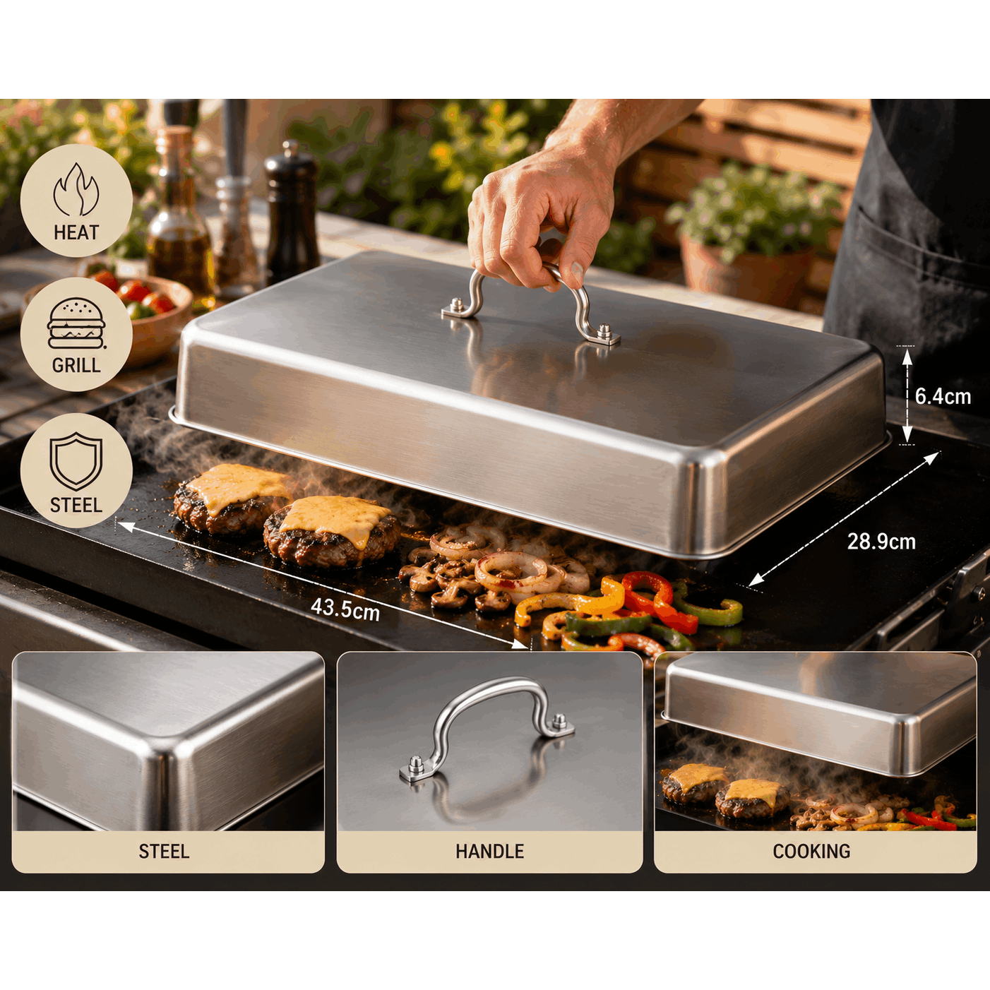Image of Rectangular Stainless Steel Cooking Bell For Griddle And Barbecue – 43.5 X 28.9 Cm – Metal Handle