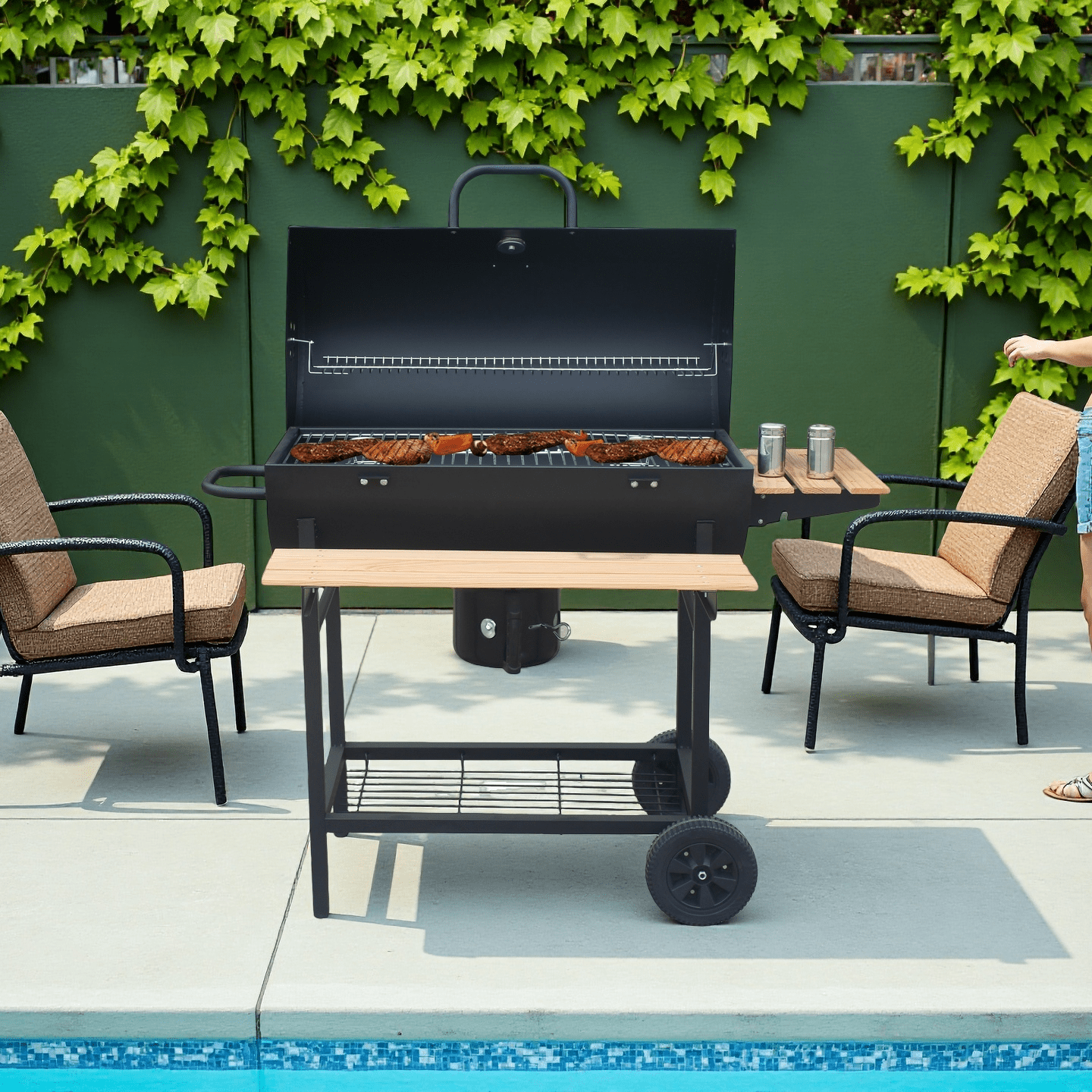 Charcoal Grill With Xl Grill Grate, Grill Cart With 2 Wooden Shelves, Lid, Wheels, And Non-heating Handle, Charcoal Grill For Garden, Patio, Camping