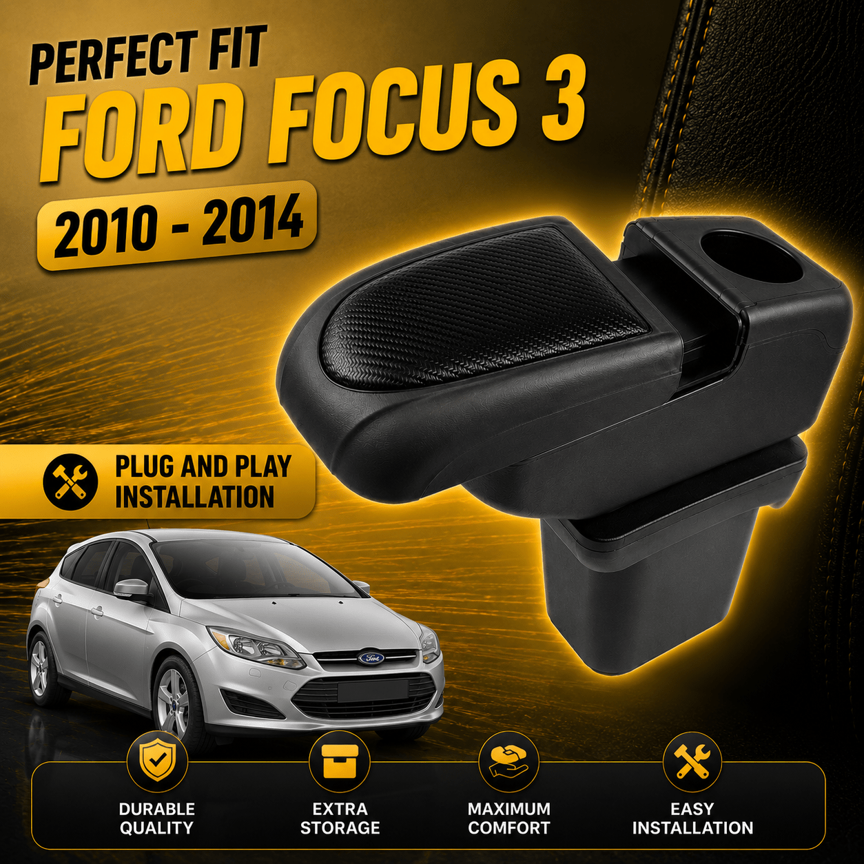 Image of Car Armrest Center Console Organizer Box Compatible With Ford Focus 2014-2018, Compatible With Ford Focus 3 2012-2020, Black Leather Storage Compartment With 3d Rotatable Sliding Cover