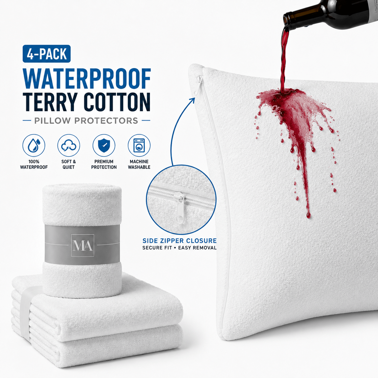TEMU Pack Of 4 Terry Pillow Protectors White Standard Size Uk – Soft Breathable Zipped Pillow Covers Machine Washable Bedding Protection