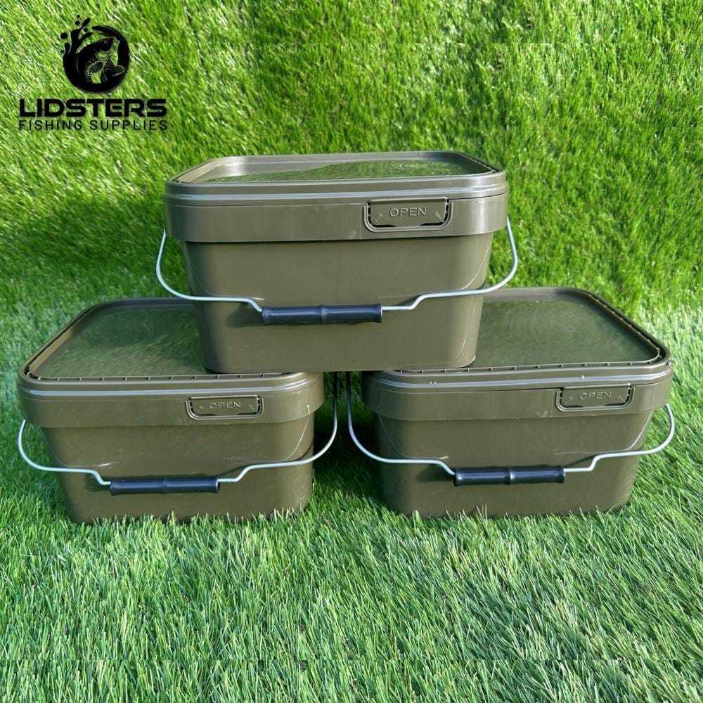TEMU Lidsters 3 Pack 5l Square Fishing Buckets Olive Green Carp Coarse Fishing Bait Storage Containers With Handles