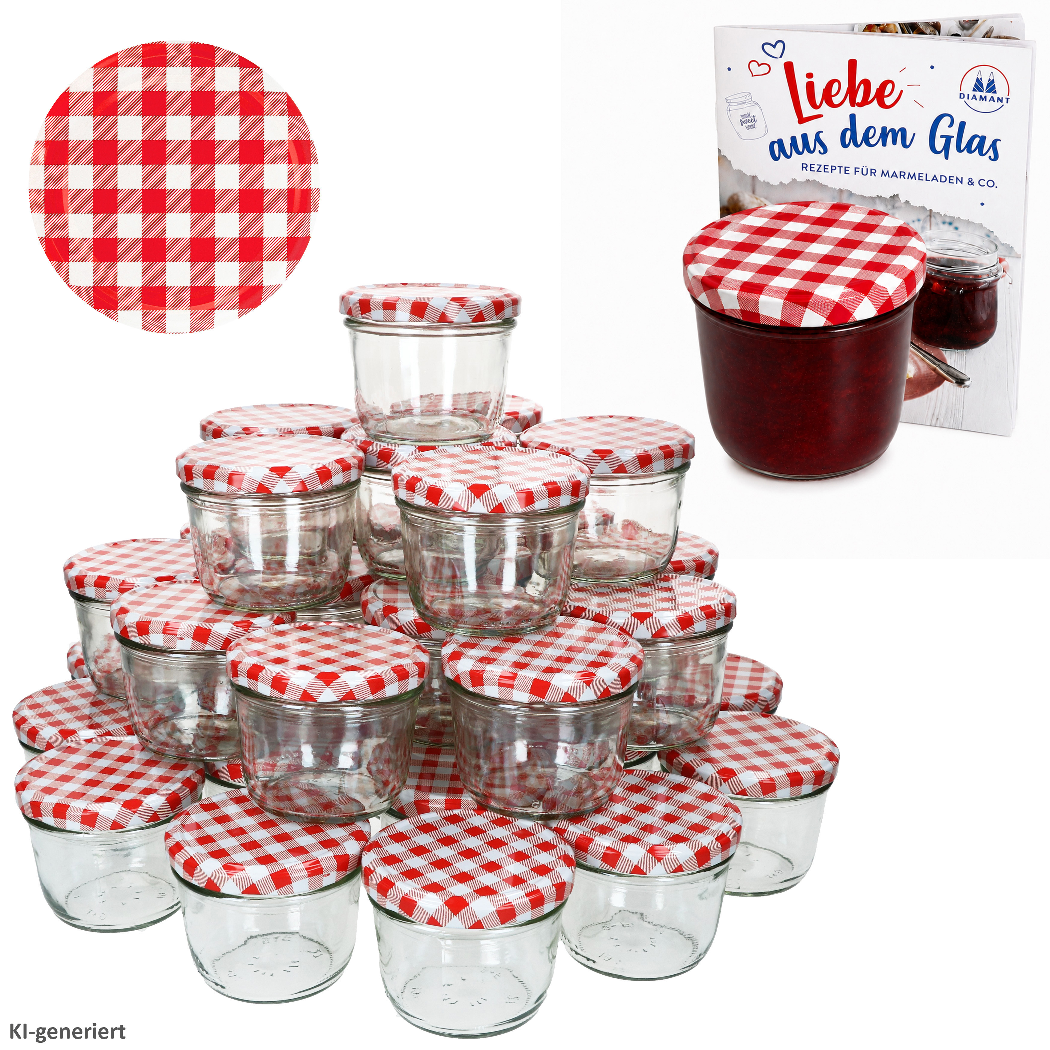 Image of 100-piece Set Of 230ml Falling Glass Jars + Red Checkered Lids, To 82, Including Diamond Sugar Gelatin Booklet