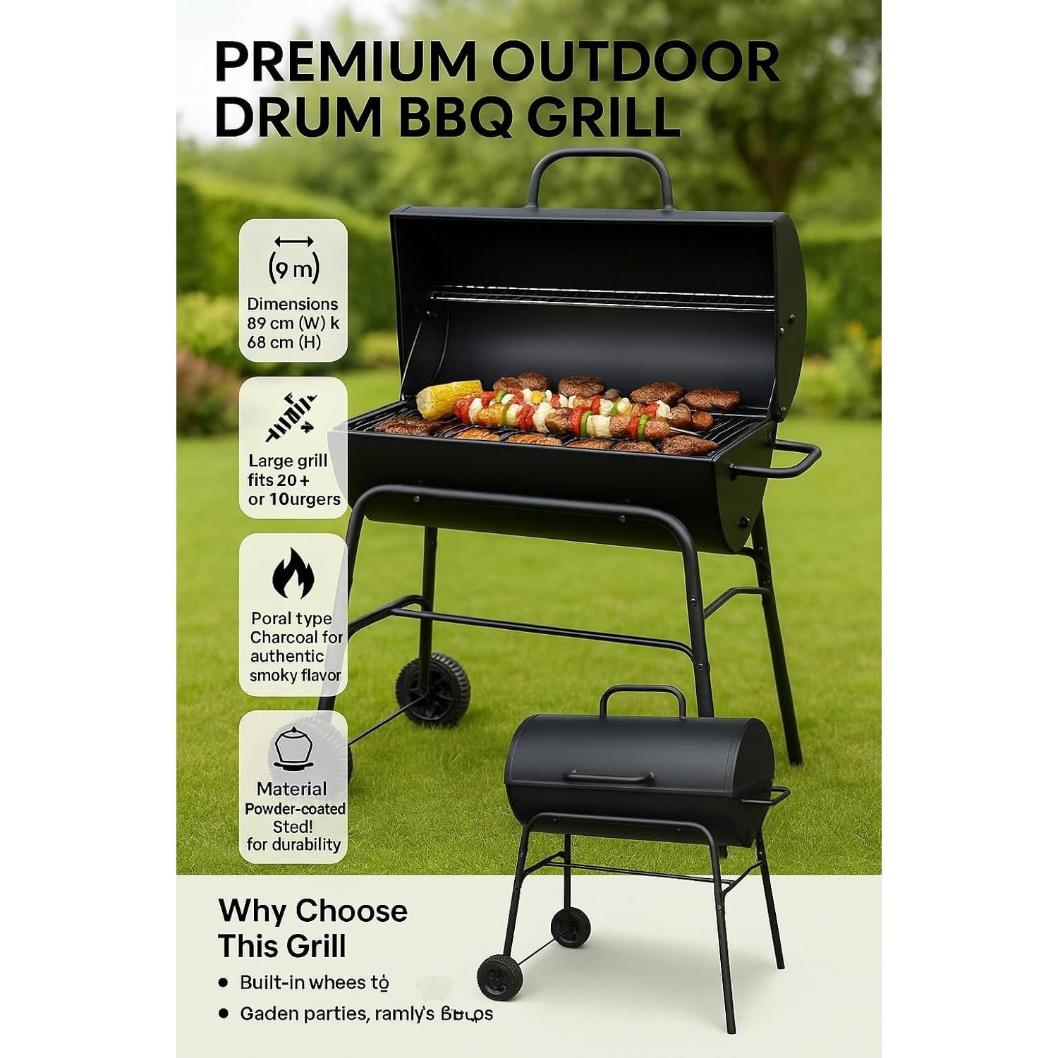 Charcoal BBQ Grill & Smoker, Portable Barrel Barbecue