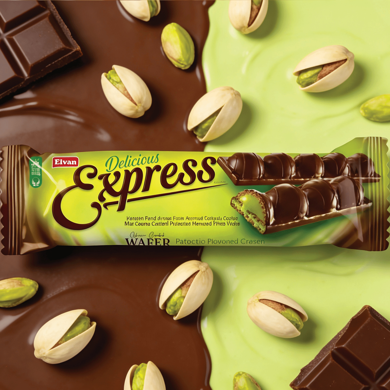Image of 6-pack - Elvan Express Pistachio Wafer Bars 6x30g - Wafer Bars With Pistachio Cream Filling And Chocolate Coating