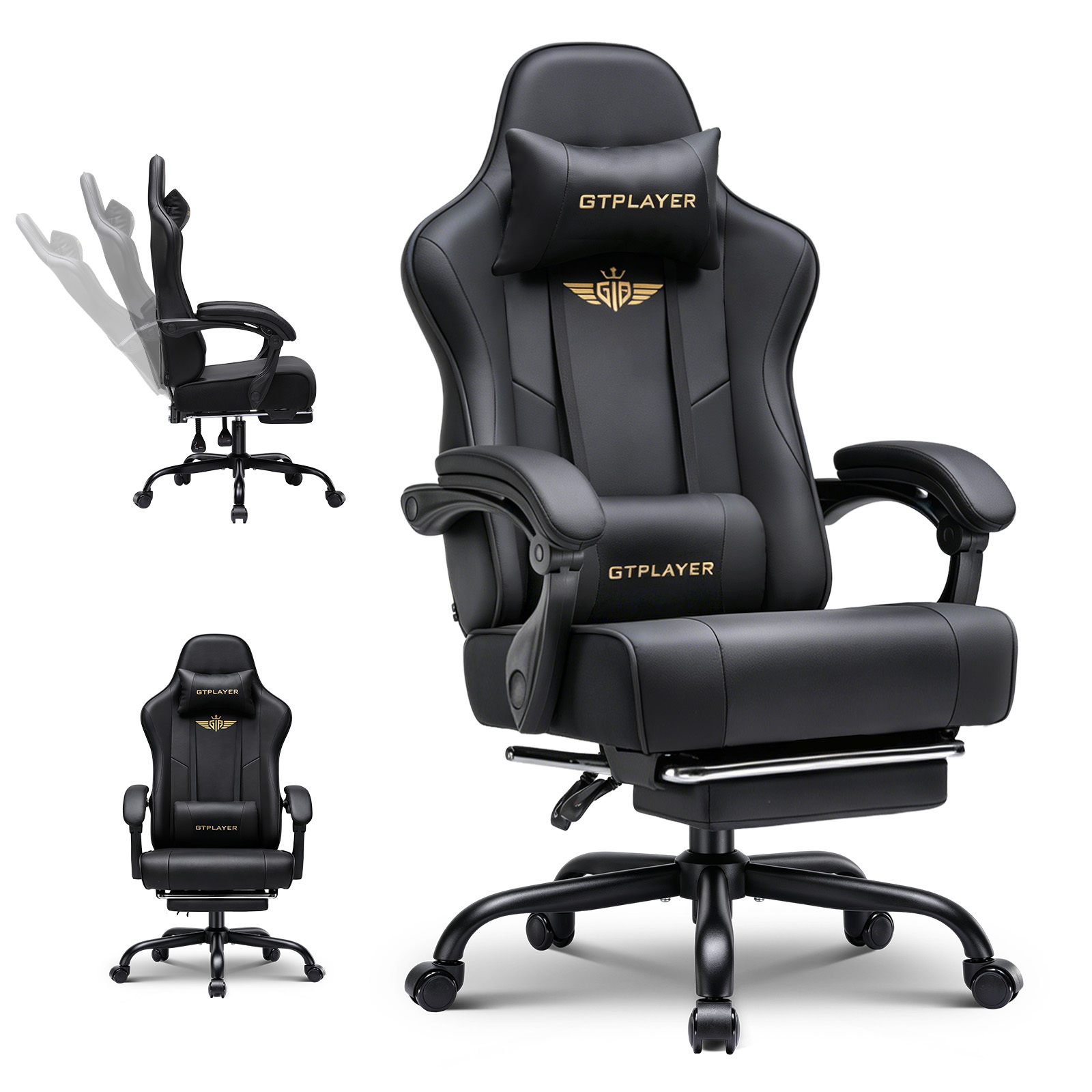 Image of Luckracer Gaming Chair - Ergonomic Gamer Chair With Footrest, Headrest, And Lumbar Support, Height-adjustable, Padded Gaming Chair, 180 Kg, Black